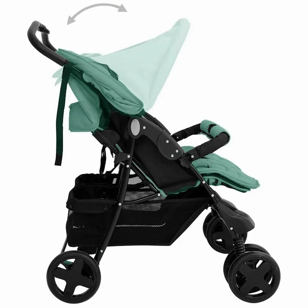 vidaXL Poussette à Deux Places Landau Pliable de Vayage Poussette de Voyage pour Tout-petit Extérieur Protection contre Rayons UV Vert Acier
