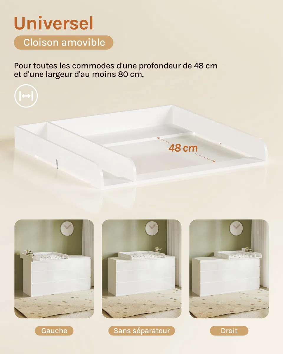WOLTU Plan à Langer pour Commode, Table à Langer Accessoires, avec Cloison de Séparation, 80x8,5x74,5 cm, Fixation Sécuritaire, en MDF, Blanc