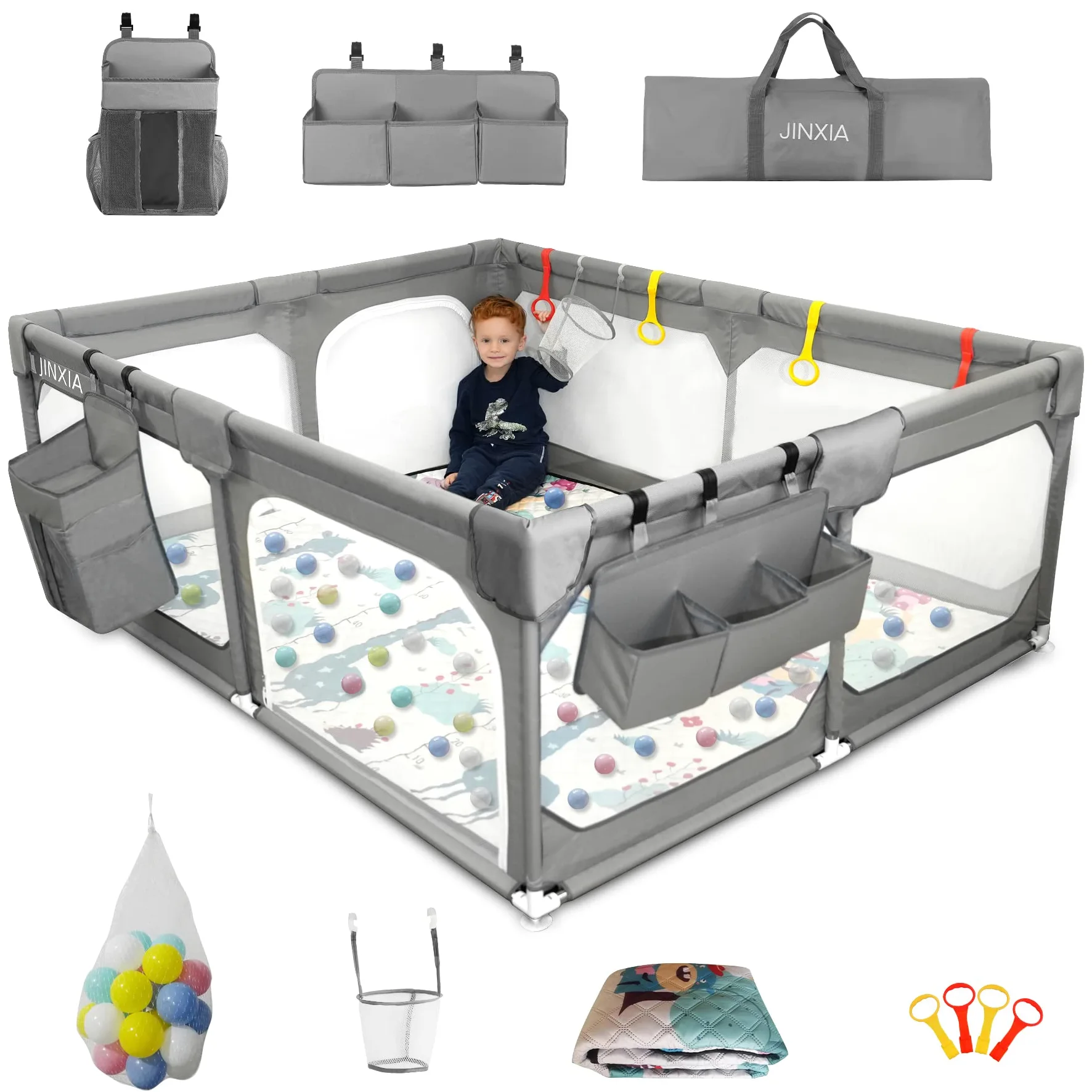 JINXIA Parc Bebe,190x150 cm,XXL Pliable Parc Modulable Bébé Avec Barrieres/Filets/Balle Océanique/Panneau d'activité,Playpen extra grand pour bébés et tout-petits,parc enfant,Gris