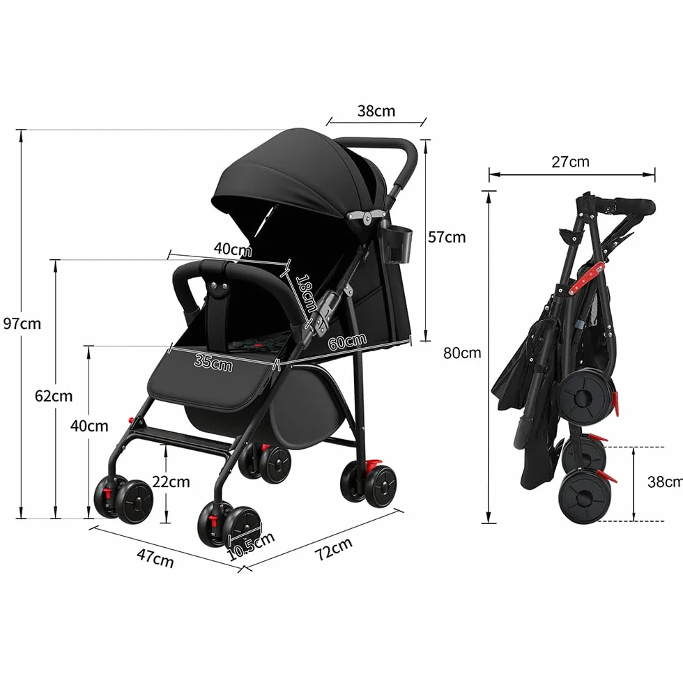 OHMG Poussette Canne,Poussette Canne Compacte 0-36kg,Poussette de Voyage avec Cotons et Moustiquaire,Panier D'achat avec Fonction Extensibler,Capote Extensible (C-Noir)