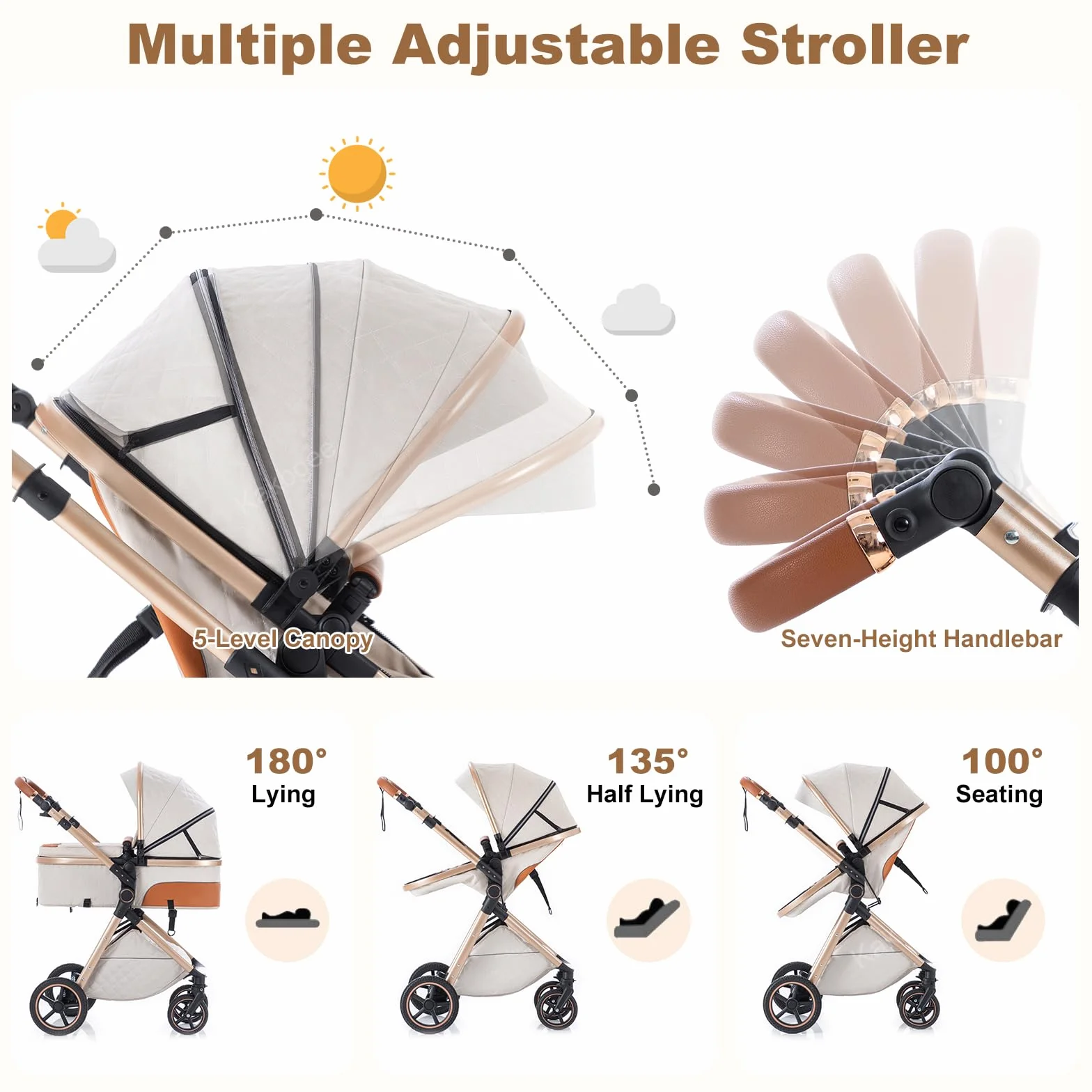 Trio Poussette 3 en 1 avec Siège Auto, Pliable, 7 Positions Poignée, Suspension 4 Roues, Noir
