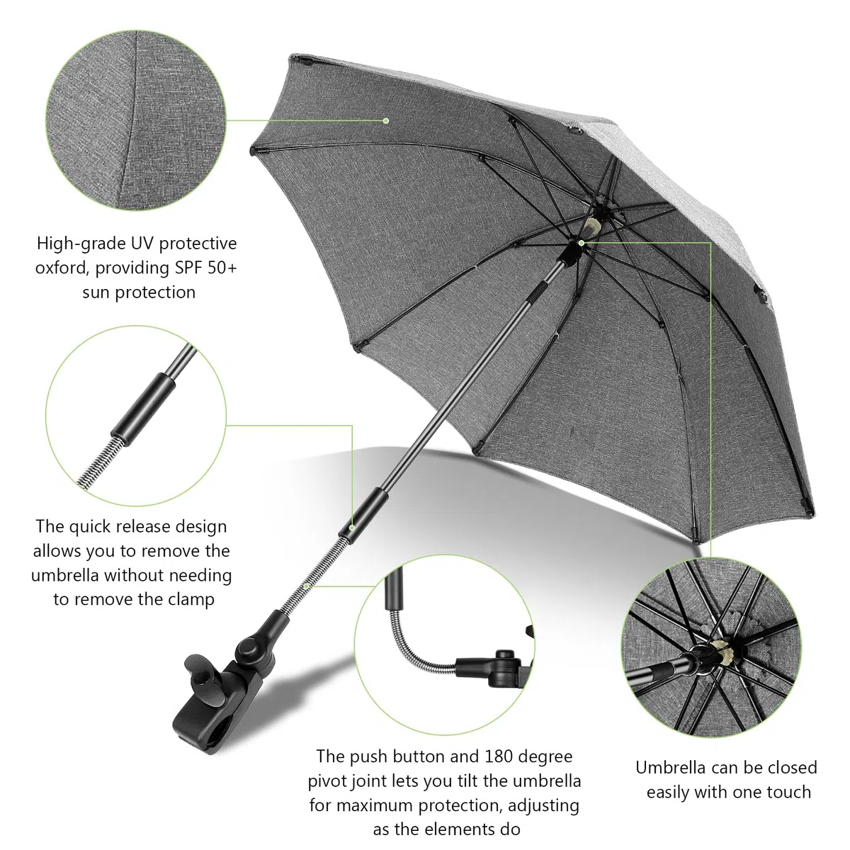 Ombrelle Universelle pour Poussette, Parasol Anti UV 50+ pour Landau, Fixation pour Tube Rond ou Oval, Ombrelle Poussette avec Clip pour Fauteuil Roulant Poussette
