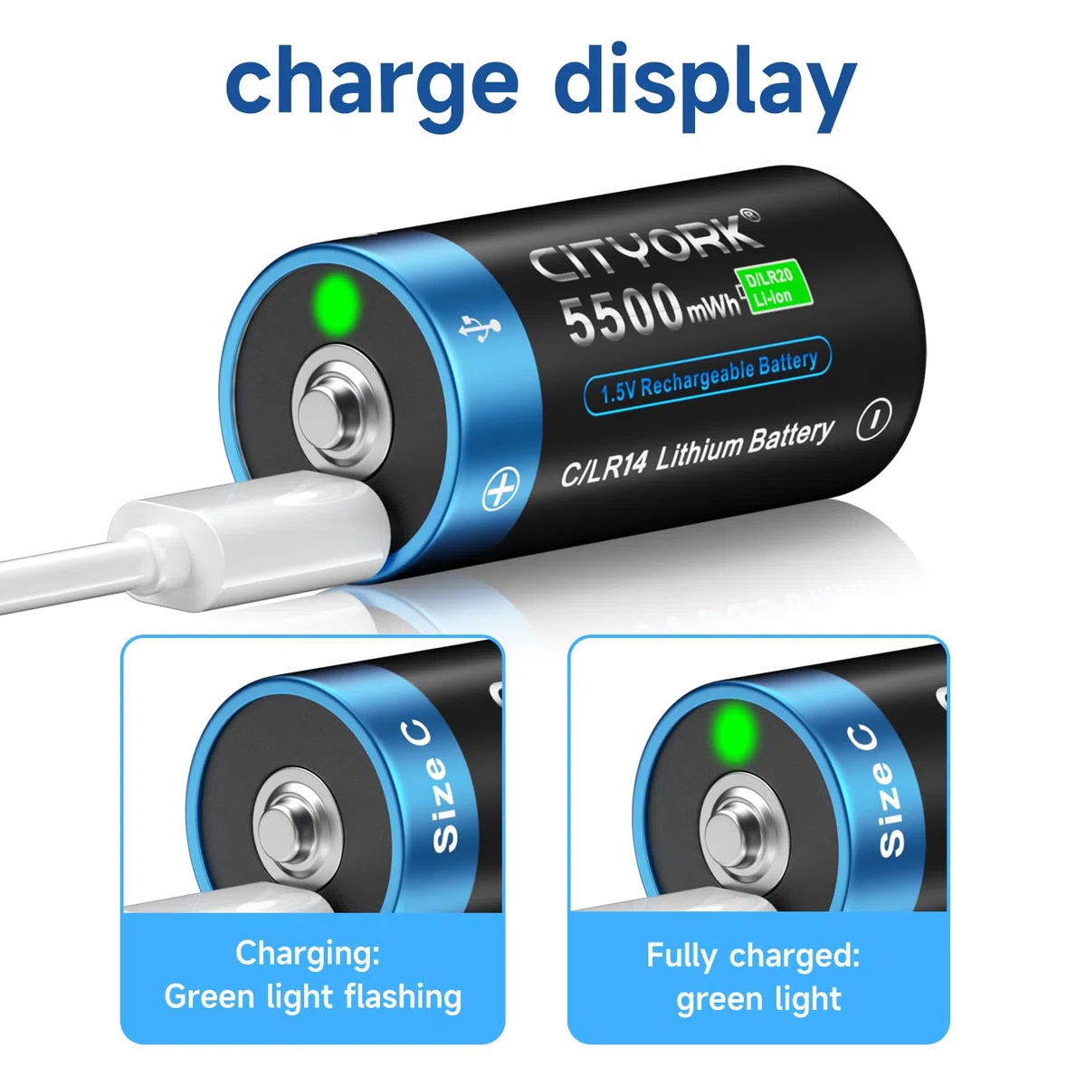CITYORK Lot de 8 batteries rechargeables Baby C 5500 mWh 1,5 V avec USB-C - Batterie lithium-ion LR14 C - Charge en moins de 2 heures - Plus de 1000 cycles - Avec câble de charge de type C -