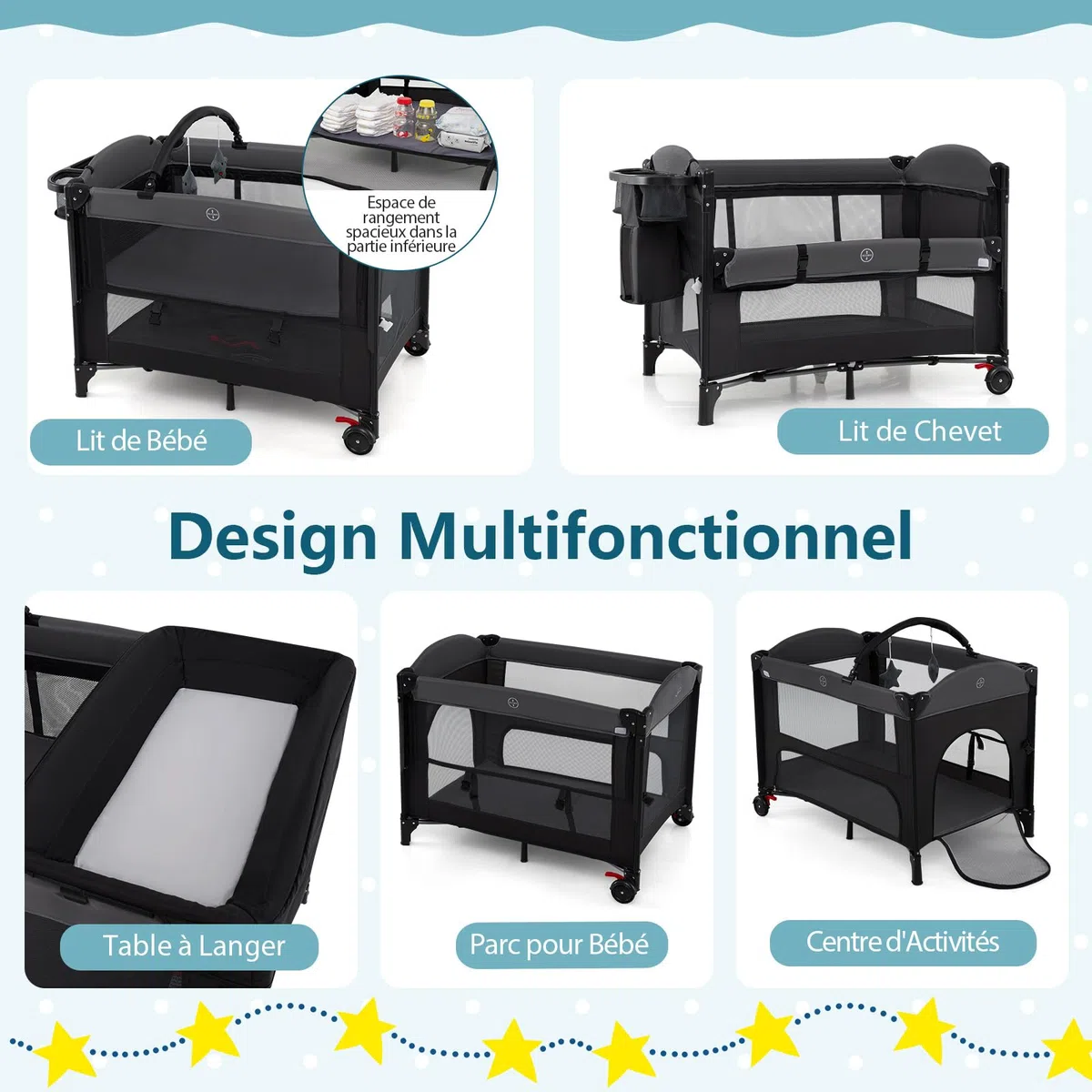 COSTWAY 5 en 1 Lit Parapluie Bébé avec Matelas Moustiquaire Table à Langer, Lit de Voyage Hauteurs Réglables, Charge Max 15kg 0-3 Ans