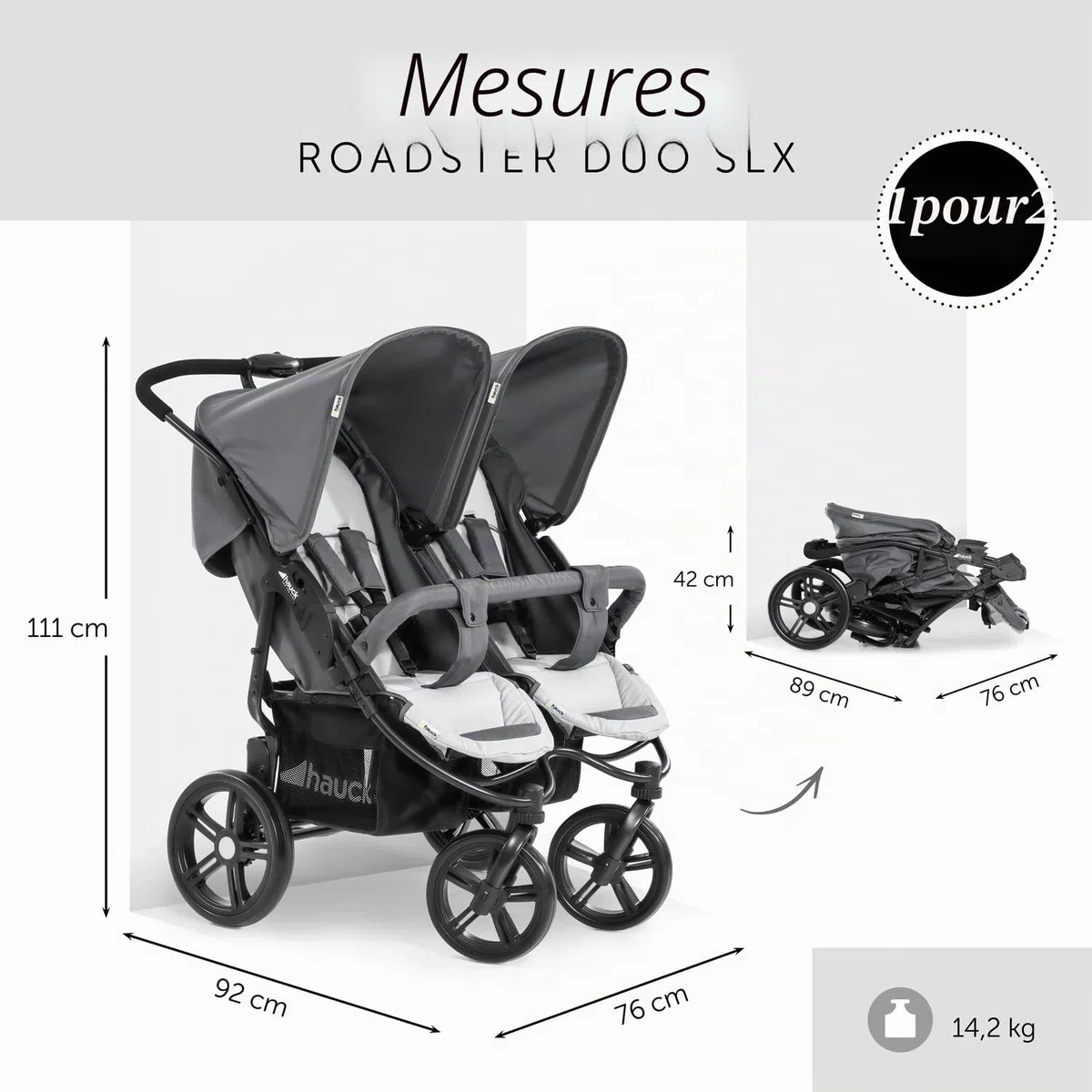 hauck Poussette Double pour Jumeaux ou Frères et Sœurs Roadster Duo SLX – Pliable Compacte, Position Allongée – Grand Panier, Grandes Roues – dès la Naissance à 15 kg Chacun (env 3 Ans), Gris Argenté