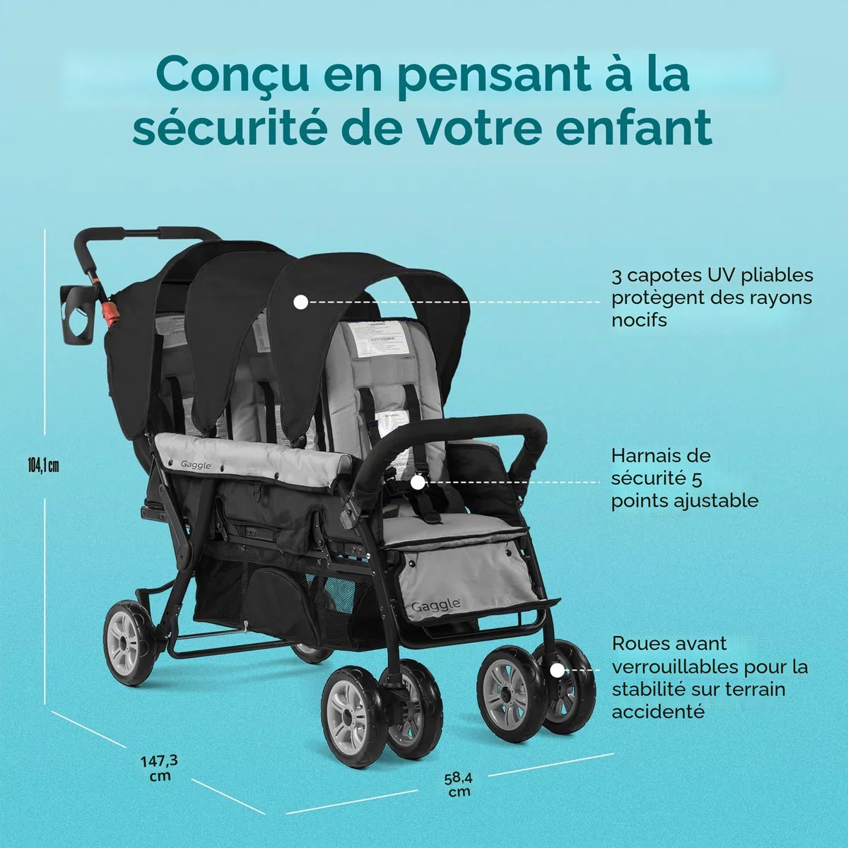 Gaggle Poussette triple Compass 3 places pour bébé et 2 tout-petits, noire