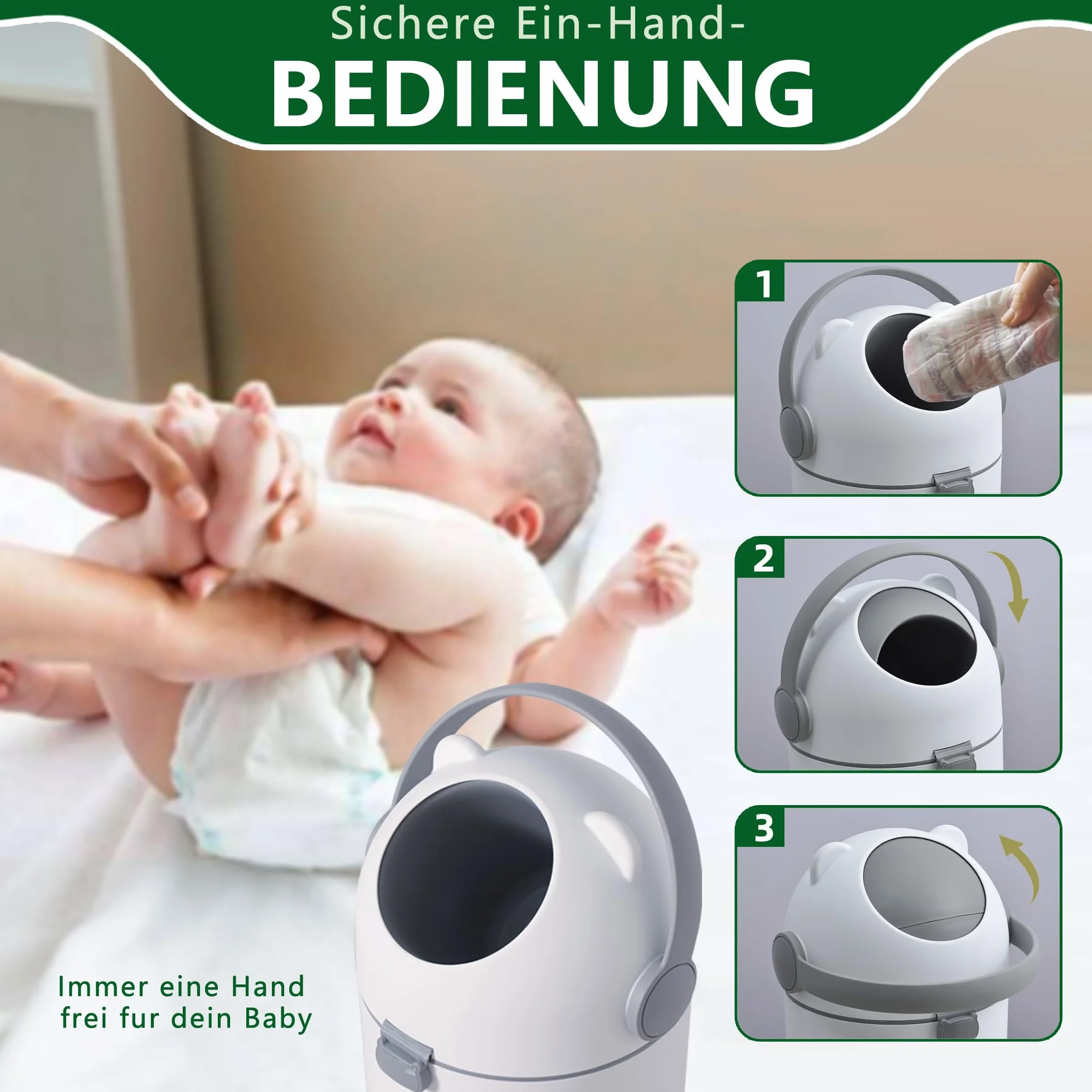 Poubelle à couches avec protection anti-odeurs, 12 l, utilisation à une main, sac universel, design d'ours mignon N2, blanc et gris pour chambre de bébé