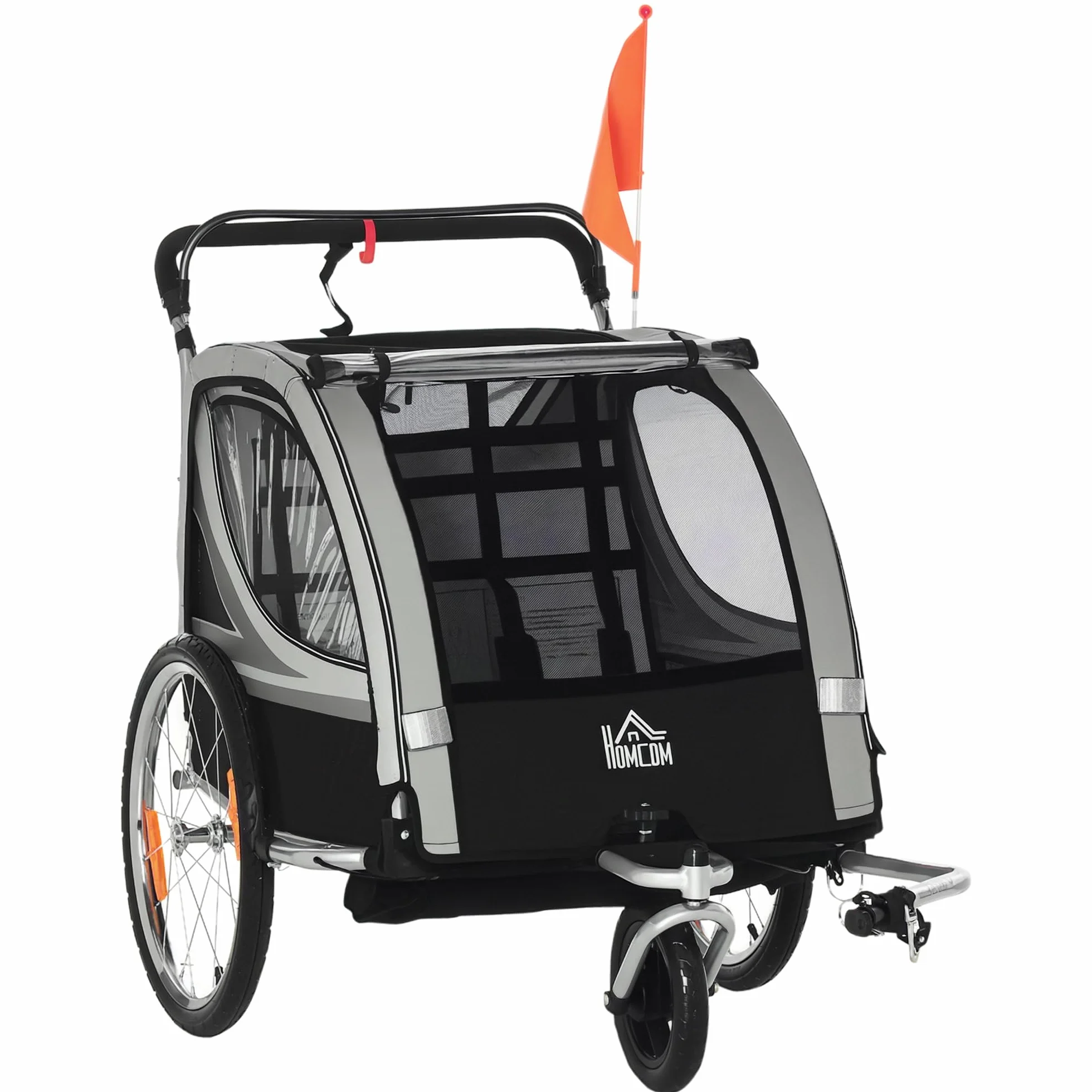 HOMCOM Remorque Enfant Pliable 2 en 1 Vélo Roue Avant Amovible Freins arrière 2 Enfants 18 Mois Charge 26.4 kg Gris