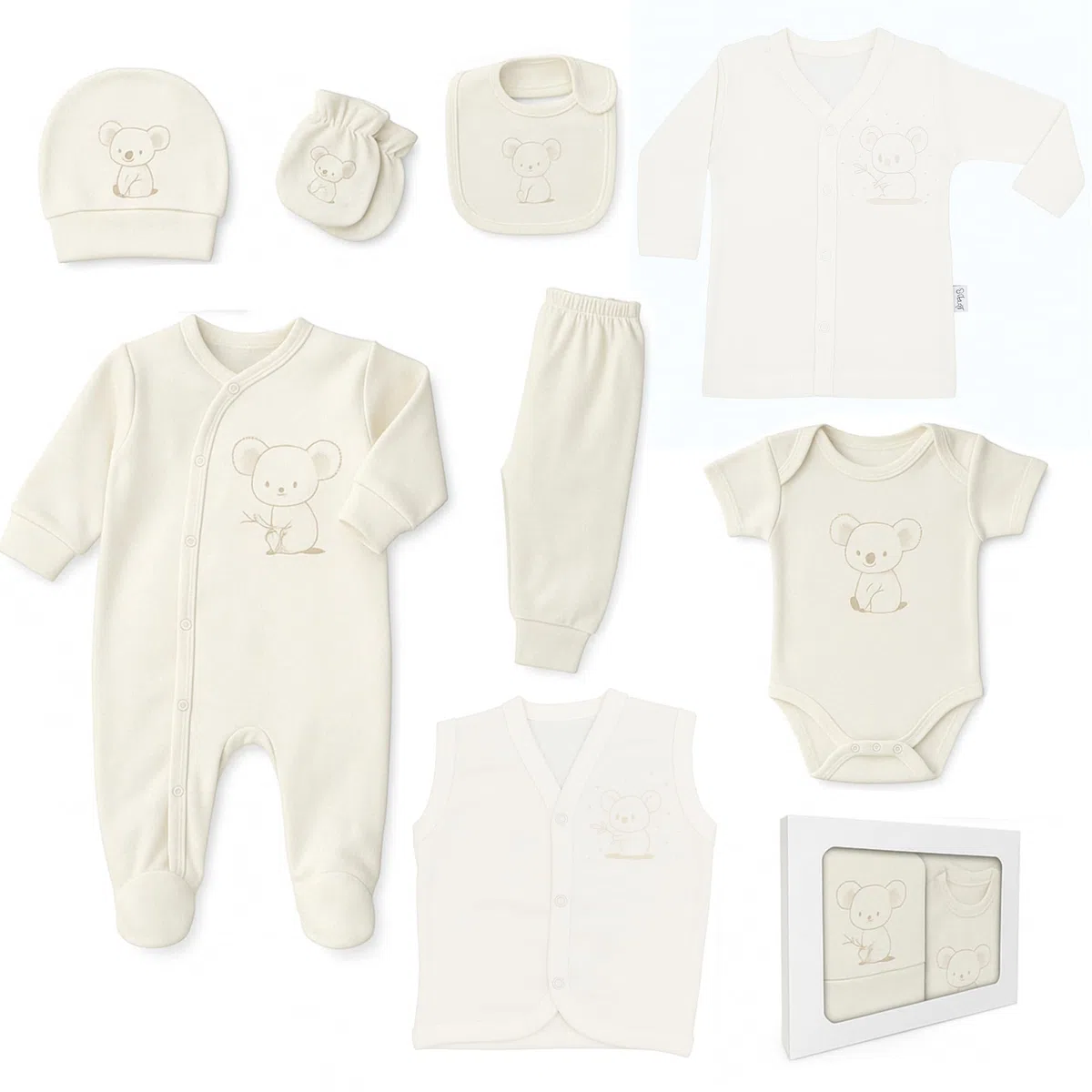 Ensemble cadeau bébé 8 pièces 100% coton naturel nouveau-né 0-4 mois unisexe