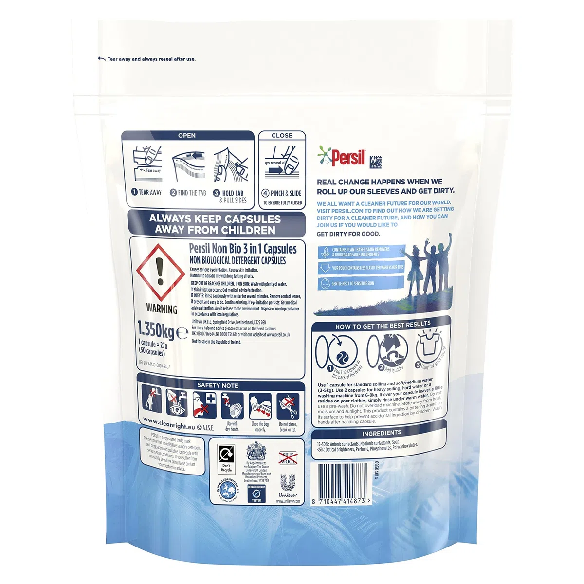 Persil Les capsules de lavage 3 en 1 non bio éliminent les taches la première fois pour un lavage doux près des peaux sensibles 1,350 kg (50 lavages)