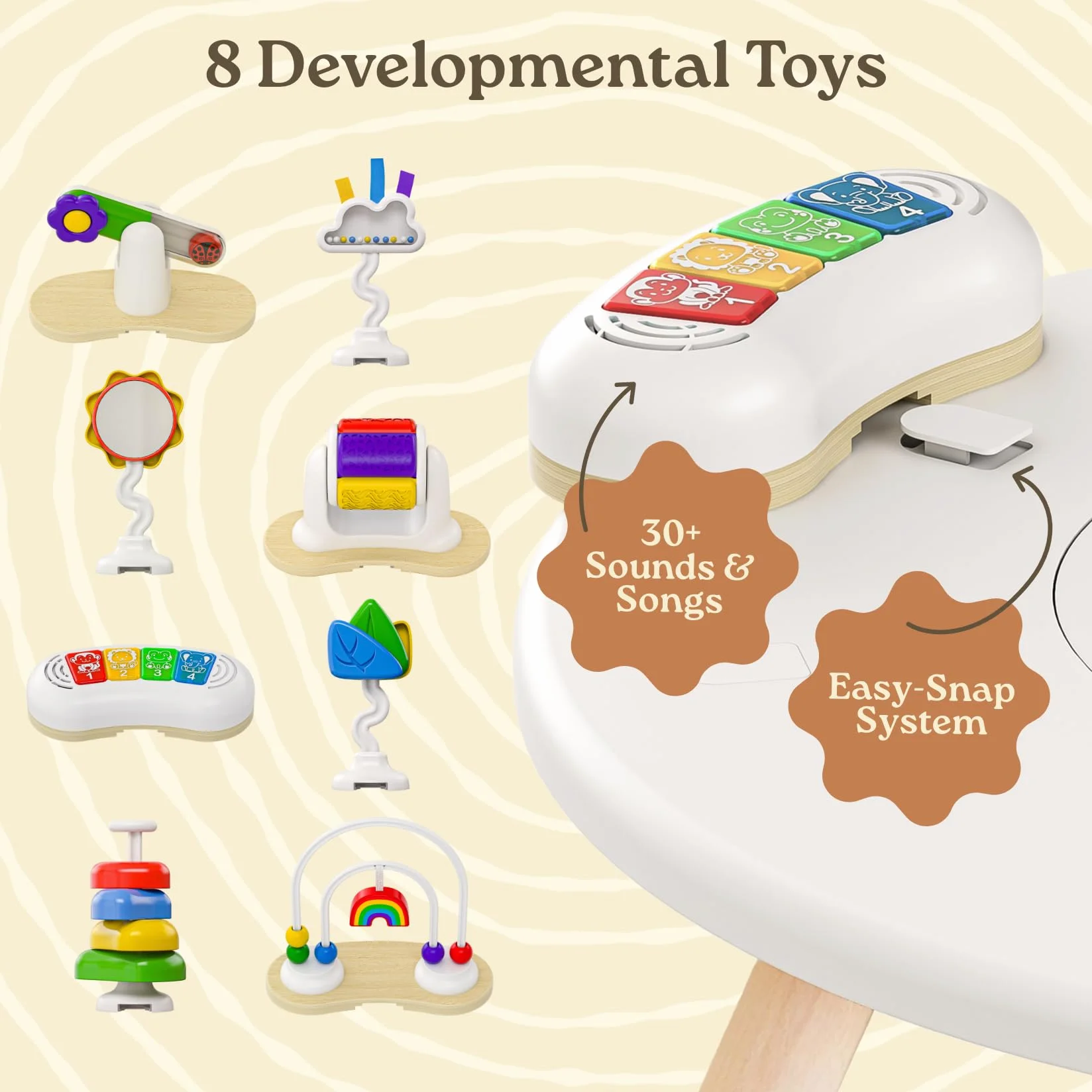 Move2Play Centre d'activités 4 en 1 pour bébé | Design inspiré de Montessori | 8 jouets interactifs | Temps du ventre, exersaucer, pull et table pour tout-petits | Indispensable pour bébé