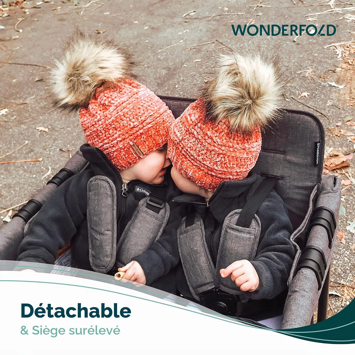 WONDERFOLD W4 Original Poussette (4 places) – Poussette pliable avec sièges avec harnais à 5 points, porte zippée facile d'accès et pare-soleil amovible, gris