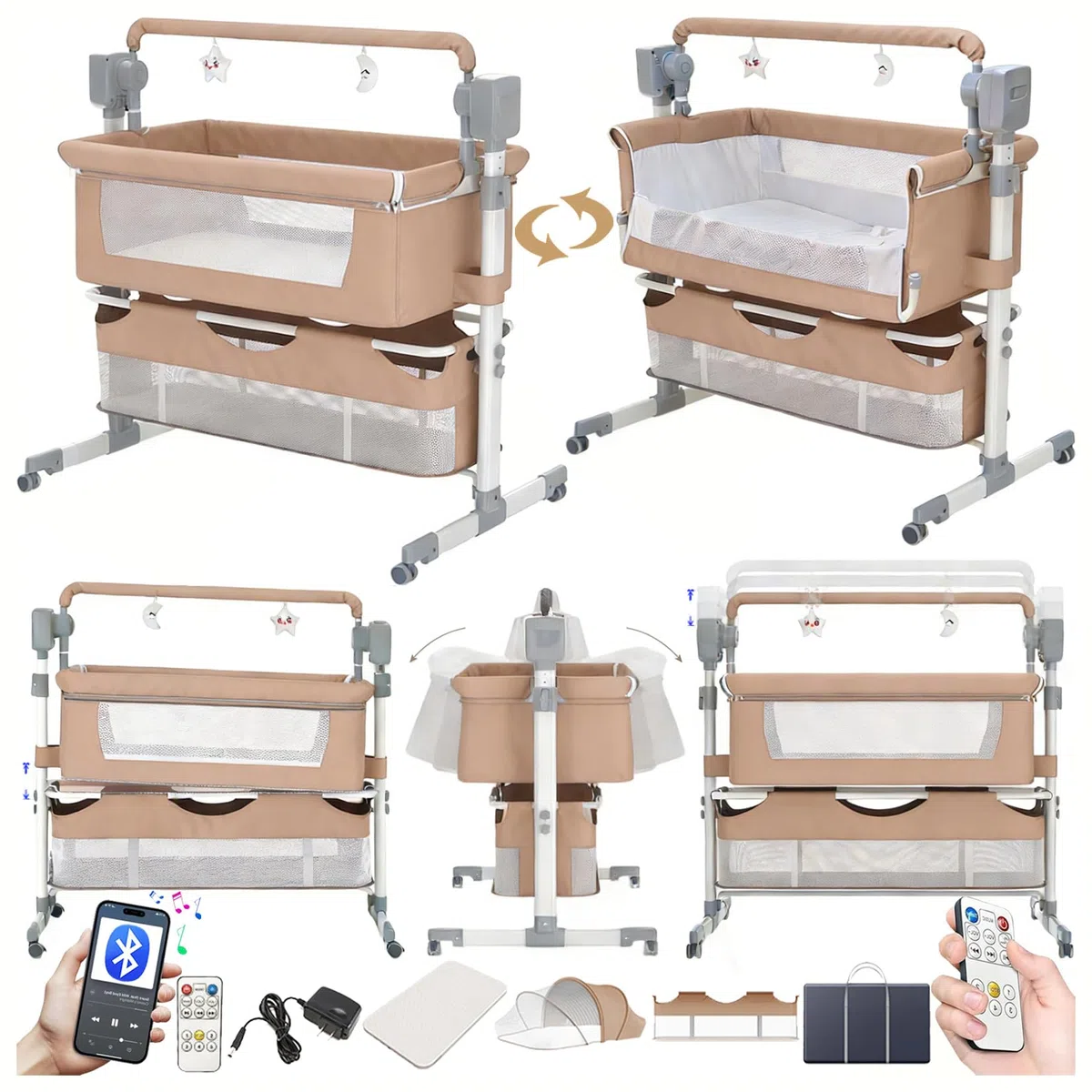 Lit Cododo Bébé Électrique Bluetooth 5 Engrenages Balancement Matelas Musique 601 Brown