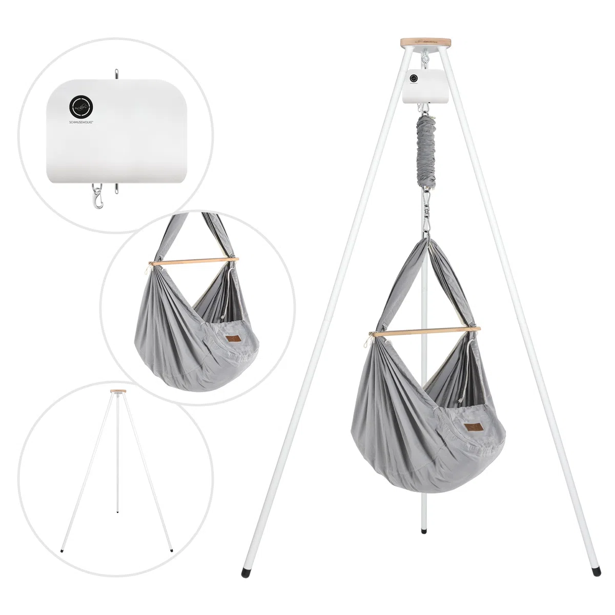SCHMUSEWOLKE Berceau à ressorts, BioGrey, avec moteur et tipi blanc, hamac pour bébés et tout-petits de la naissance à 3 ans, coton biologique, avec matelas en laine de mouton