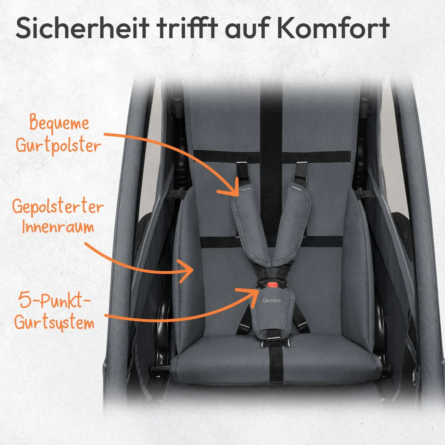 Qeridoo Qupa 1 Remorque de vélo avec suspension à lames, cabine pliante, banquette arrière amovible, buggy, système de harnais 5 points