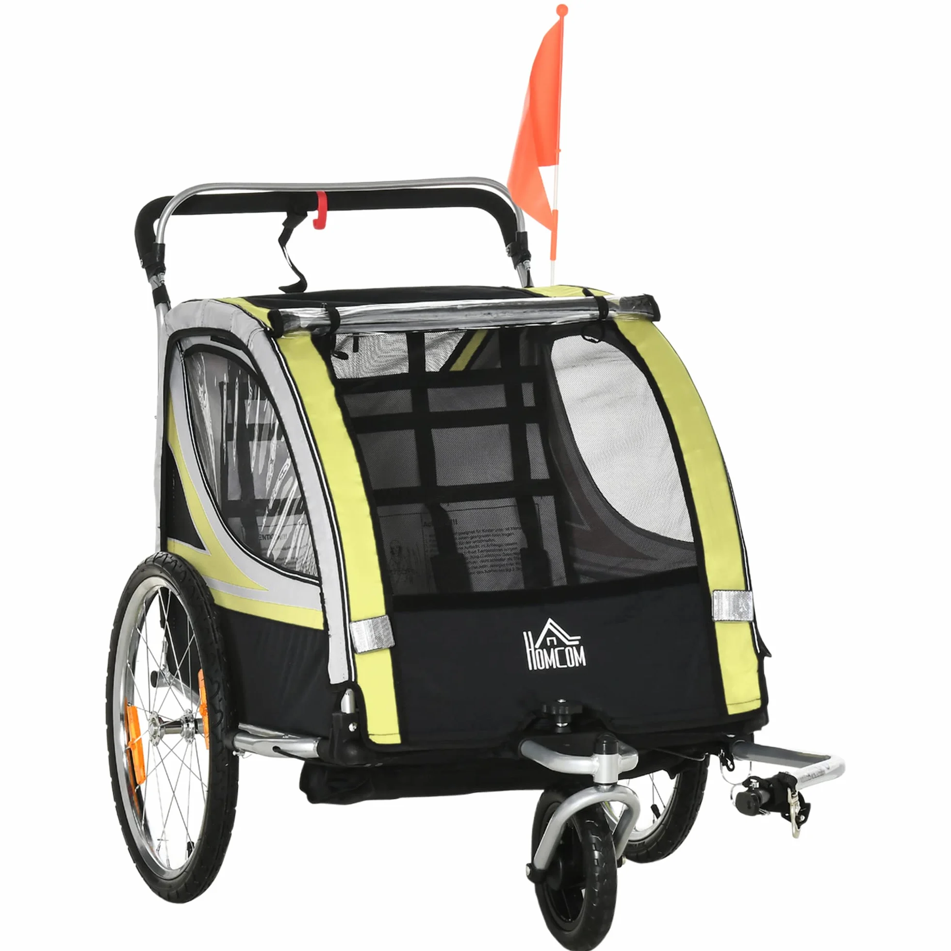 HOMCOM Remorque de vélo pour enfants et poussette, design 2 en 1 avec frein, ceinture à 5 points, remorque de vélo avec poches latérales, catadioptres et banderole, Jaune