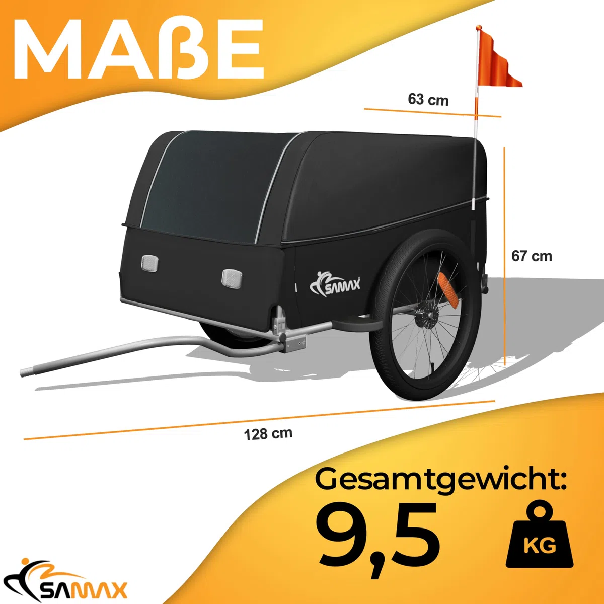 SAMAX Remorque de Vélo Chariot de Transport Haute Traction 40 Kg 120 L Noir Gris