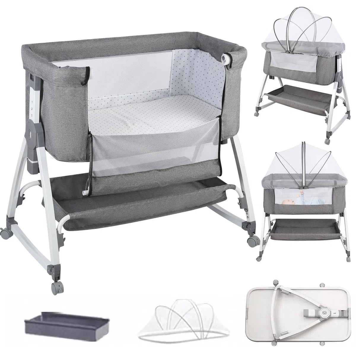 Berceau Cododo 3 en 1 pour Bébé avec Matelas Moelleux et Moustiquaire, Réglable en Hauteur et Inclinaison, 4 Roues, Gris 80x40x100-115cm, 1-36 Mois