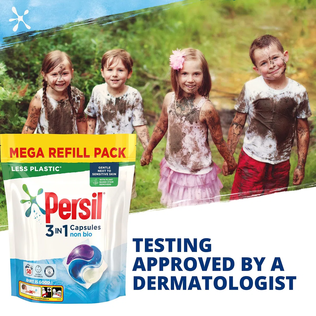 Persil Les capsules de lavage 3 en 1 non bio éliminent les taches la première fois pour un lavage doux près des peaux sensibles 1,350 kg (50 lavages)