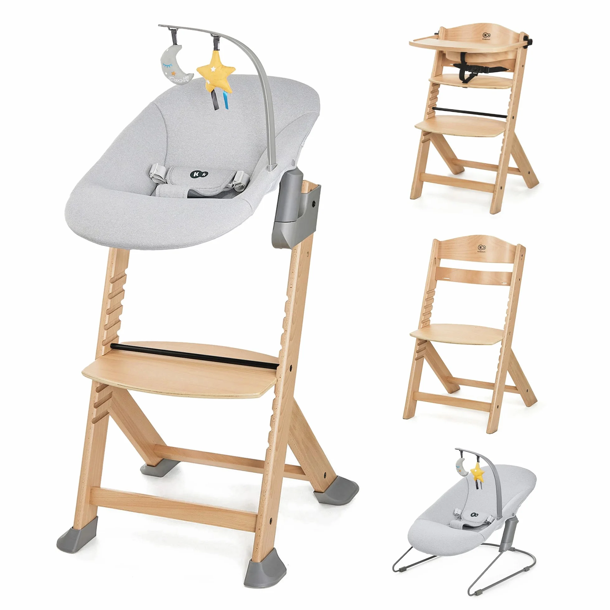 Kinderkraft ENOCK Chaise Haute Bébé + Transat CALMEE, Bois Naturel, Chaise d'alimentation Évolutive Réglable
