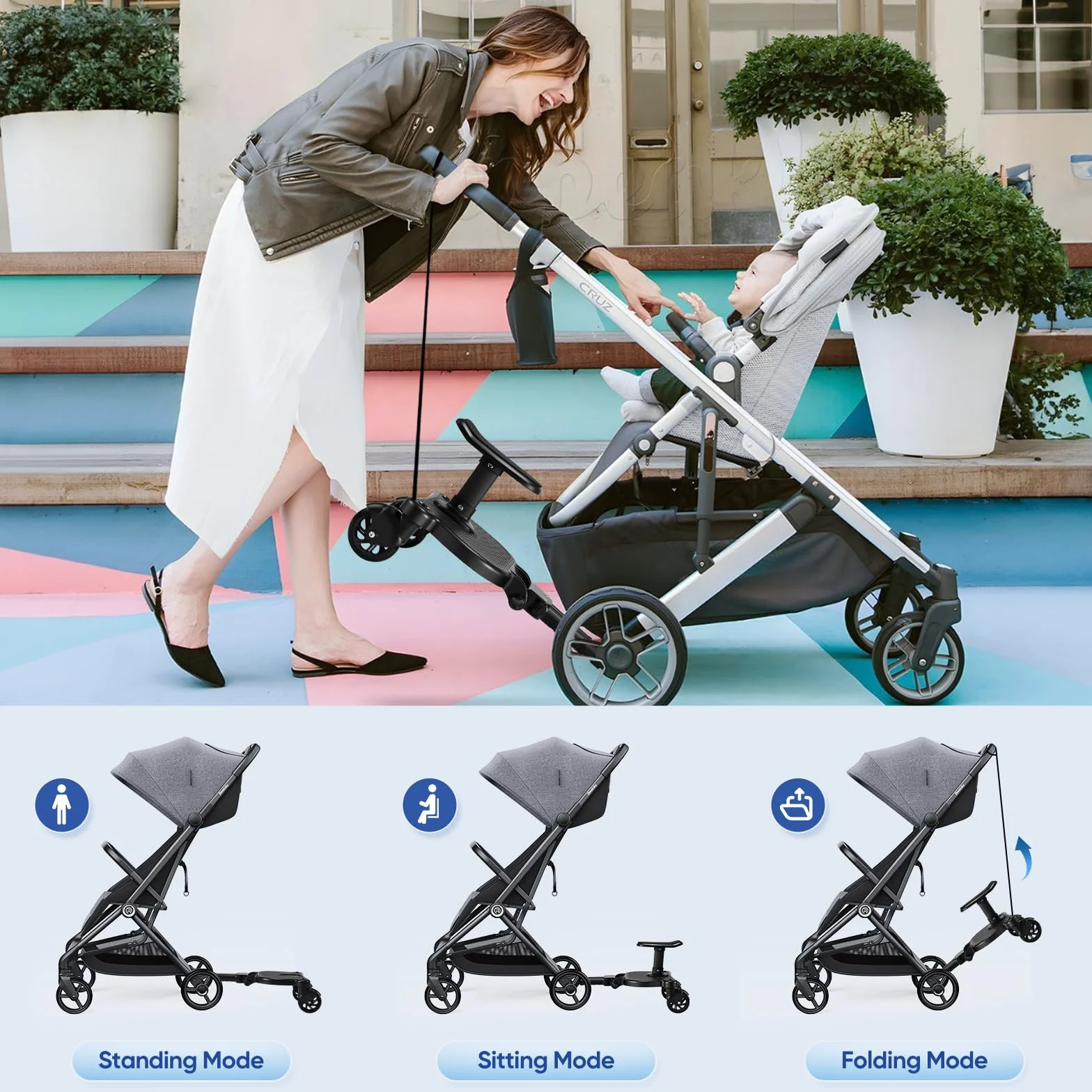 Planche Poussette Universelle avec Sac de Rangement, Marche Pied Poussette Universelle avec Siège, pour Enfants de 2 à 6 Ans (25KG), Compatible Avec 99% des Poussettespour