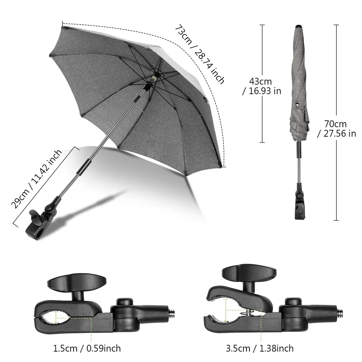 Ombrelle Universelle pour Poussette, Parasol Anti UV 50+ pour Landau, Fixation pour Tube Rond ou Oval, Ombrelle Poussette avec Clip pour Fauteuil Roulant Poussette