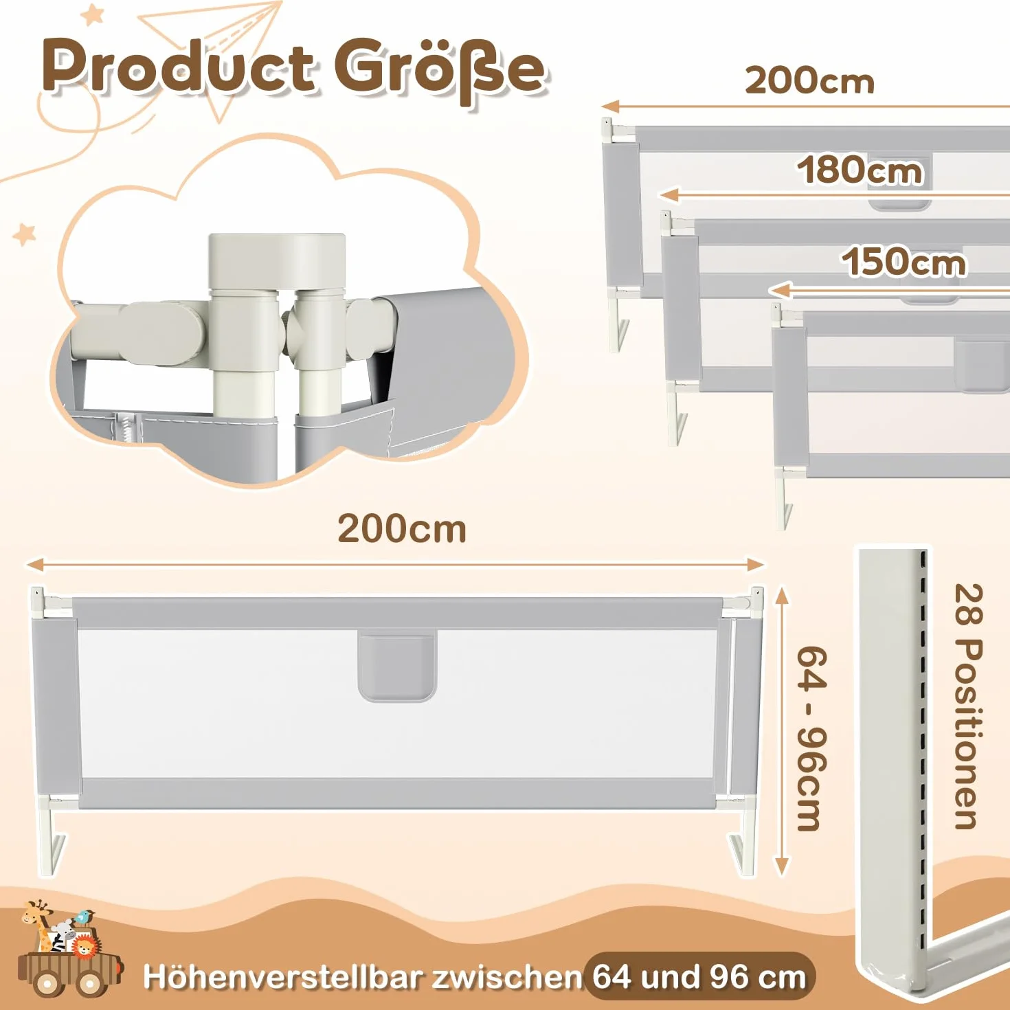 1x180CM+2x200CM Barrière de lit pour bébé, Barrière de lit Enfant Protection Contre Les Chutes, Réglable en Hauteur, Barrière de lit avec Filet aéré, Facile à Monter, Gris