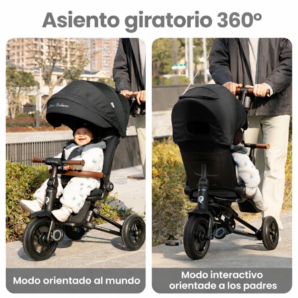 QPlay Nova Deluxe Poussette évolutive avec siège pivotant, pliable compact, capote réglable, cuir fait main, repose-pieds et freins pour enfants de 10 à 36 mois Noir