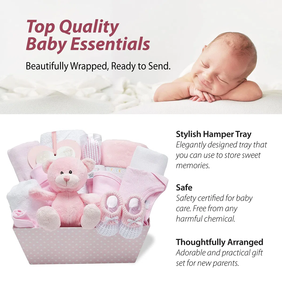 Baby Box Shop Coffret Naissance Rose pour Bébés Filles – Kit de Naissance avec Vêtements Bébé Fille, Lange en Polaire, Serviette avec Capuche 2 Étoffes en Mousseline et Un Adorable Ourson en Peluche