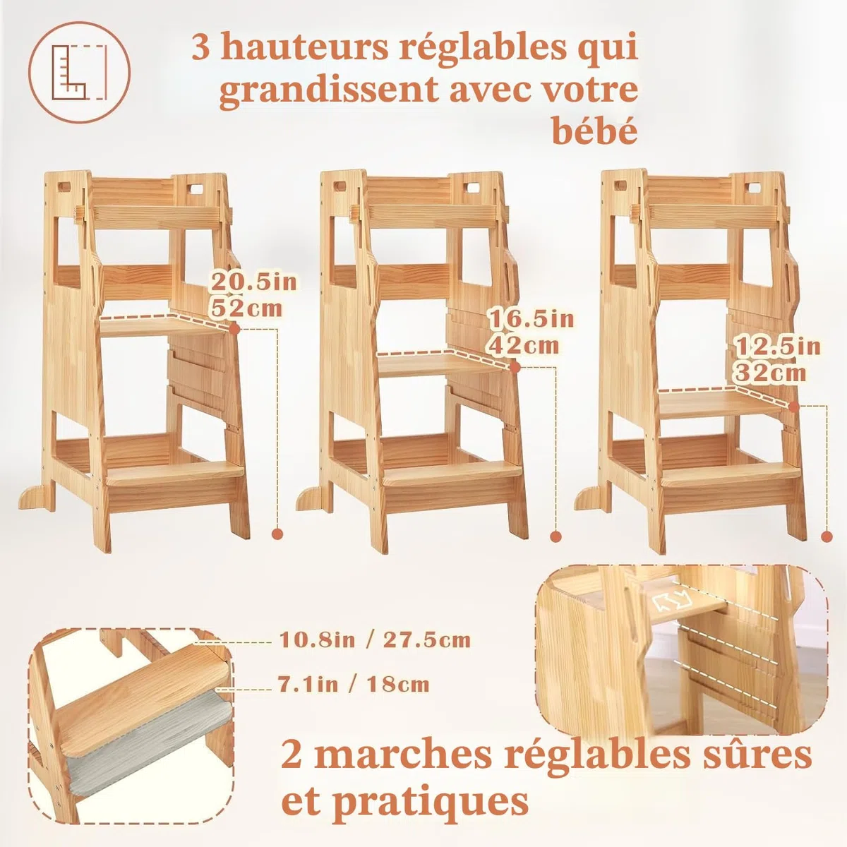 Tour d'apprentissage pour Enfants avec Filet de Sécurité, Marchepied de Cuisine Réglable 3 Niveaux, Chaise Montessori