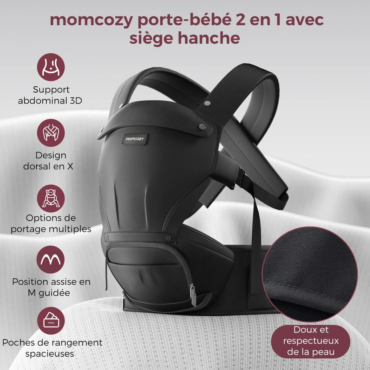 Momcozy Porte-bébé 2 en 1 avec coussin de hanche, réglable, amovible, jusqu'à 20 kg, respirant, soutien lombaire, noir