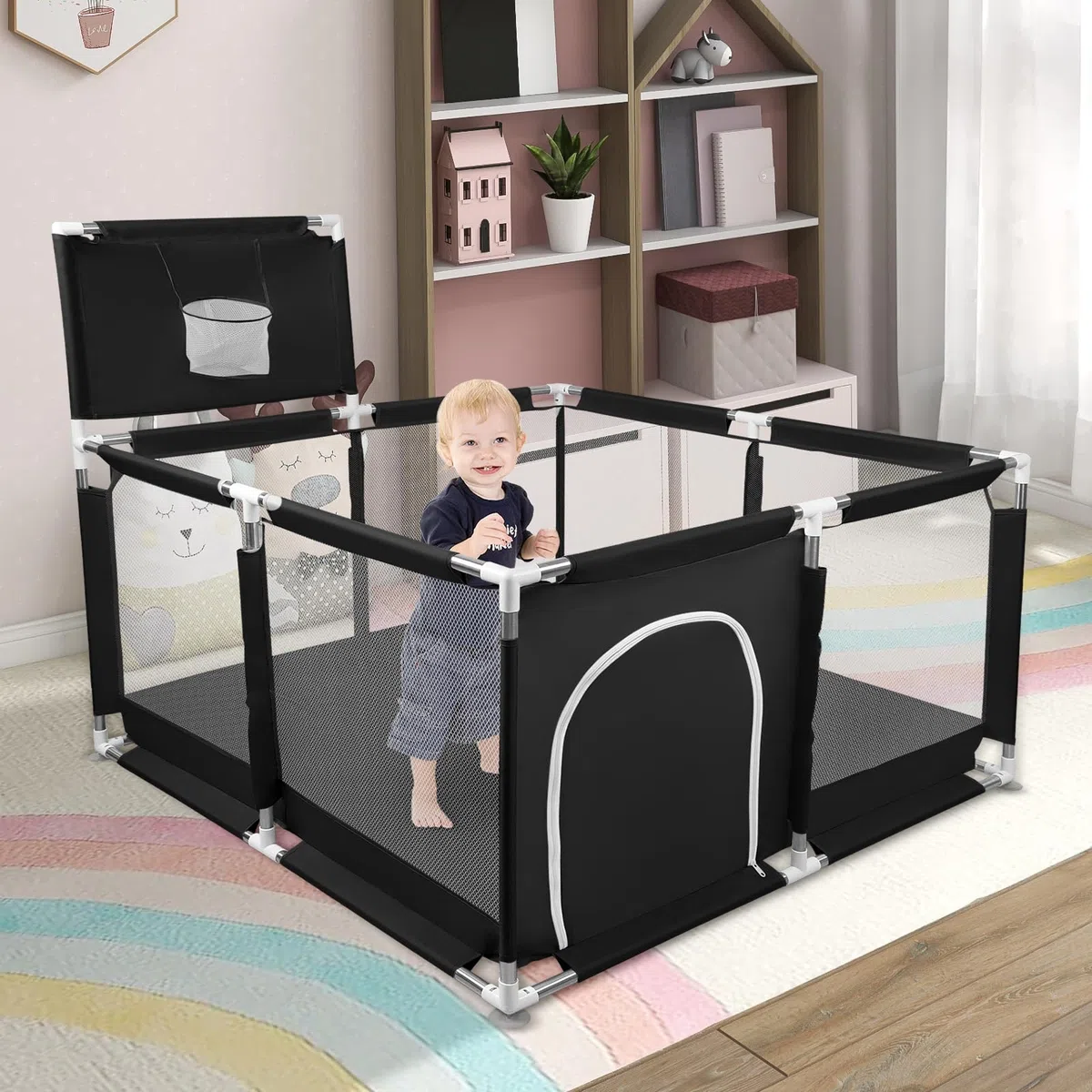 Parc Bébé,Modulable 126x126cm,50 Balles,Pliable pour Enfants 0-24 Mois,Aire de Jeu Sécurisée Maison, Tapis Anti-Dérapant Intérieur,Centre d'Activités pour Enfants,Basketball Rack