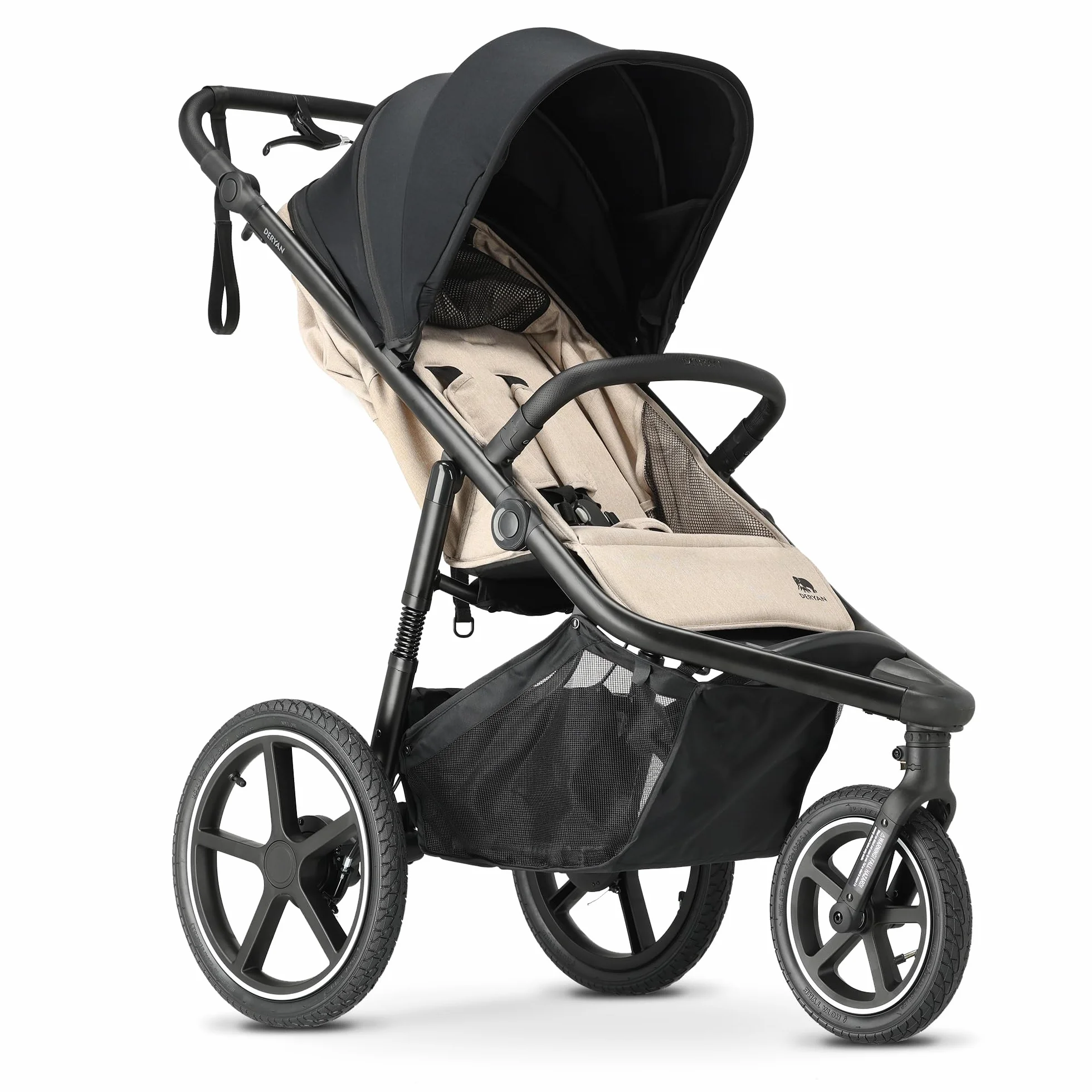 Deryan Bolt Poussette 3 Roues Tout Terrain Runner, Roues XL Gonflables 6 mois à 4 ans, Suspension, Position Allongée, Pliable, Jusqu'à 22 kg, Guidon Réglable, Panier XL Jusqu'à 3 kg, Crème