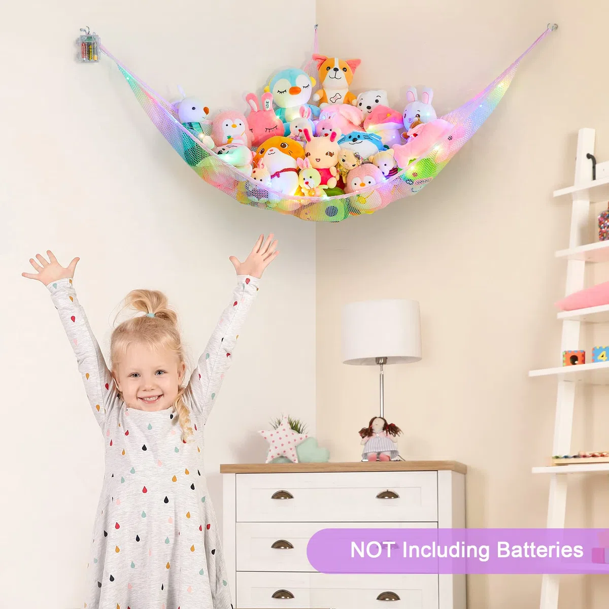 Unicorn Castle Hamac de rangement en filet pour animaux en peluche avec lumière LED - Organiseur d'angle à suspendre pour animaux en peluche - Pour décoration de chambre d'enfant