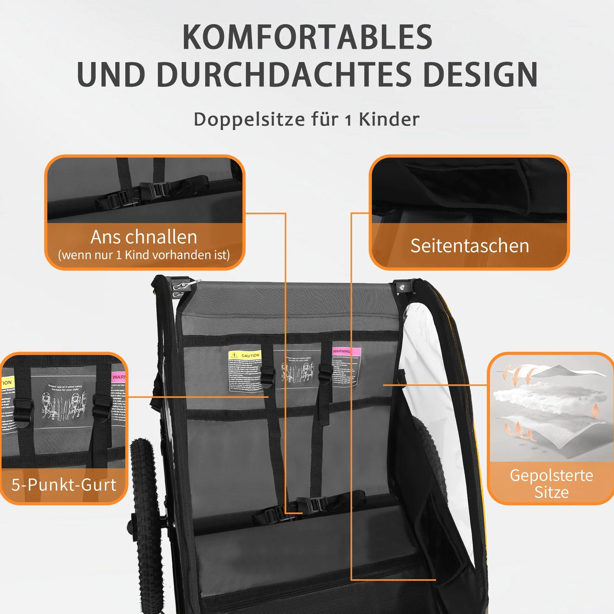 Remorque vélo enfant 1-2 enfants siège ergonomique pliable pneus pneumatiques sacs rangement