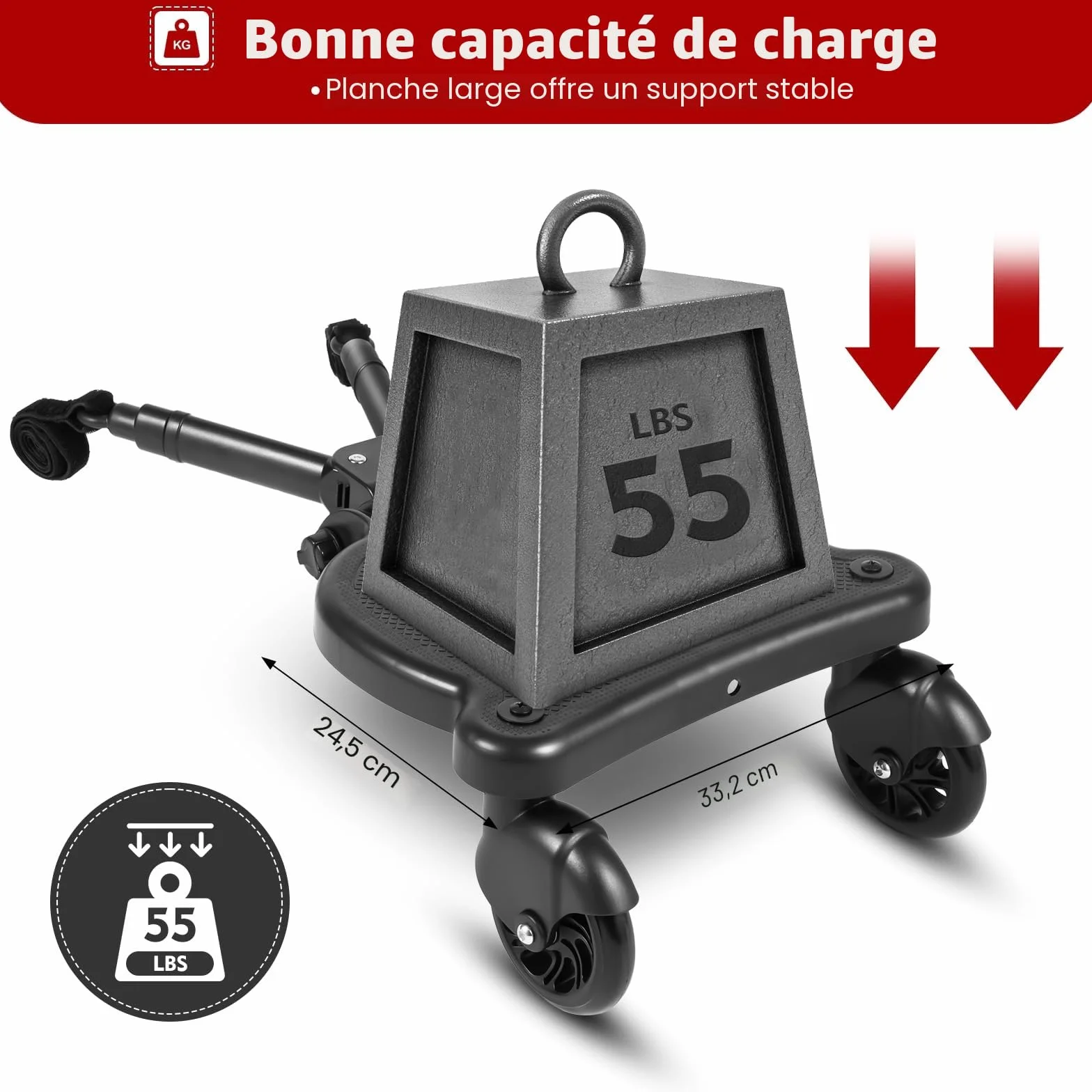 Marchepied de poussette universel pour poussette avec siège, siège amovible et assemblé carte, repose-pieds buggy board pour enfants de 2 à 6 ans (25 kg)