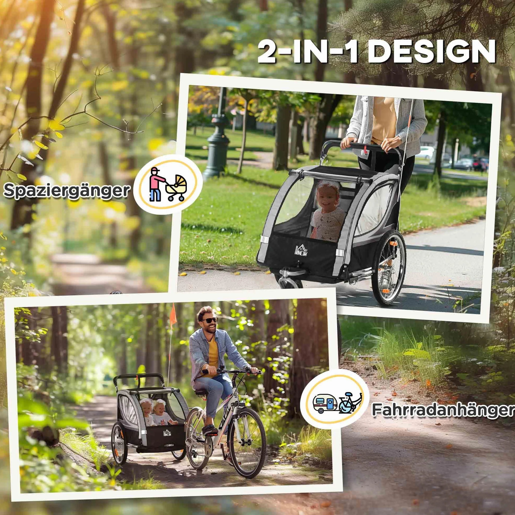 HOMCOM Remorque Enfant Pliable 2 en 1 Vélo Roue Avant Amovible Freins arrière 2 Enfants 18 Mois Charge 26.4 kg Gris