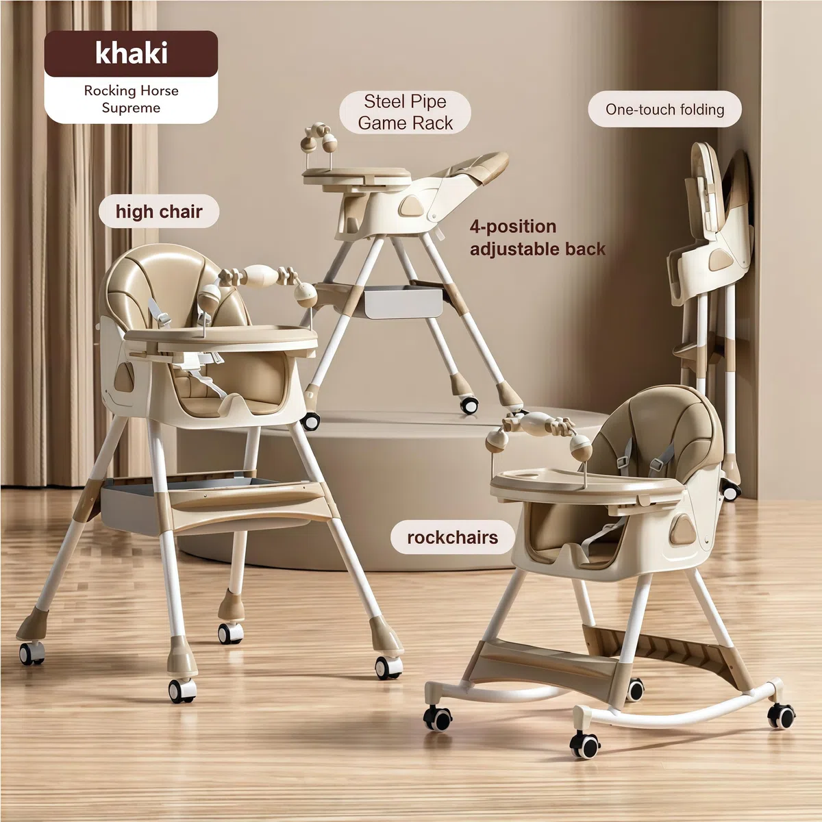 MoLi Cuir PU Chaise Haute Bébé avec Fonction Bascule, Chaise Haute Bébé Evolutive à Roulettes, Réglable et Facile à Plier Chaises Hautes, Chaises Bebe avec Double Plateau (560 Khaki)