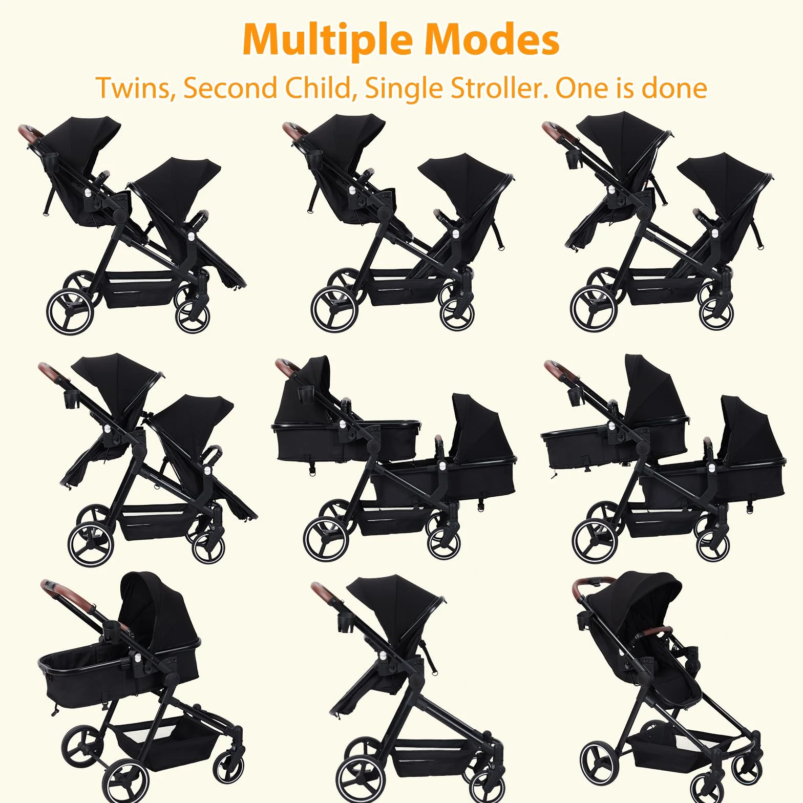 Poussette Double Légère Landau Pliable de Voyage, Poussette Tandem Compacte Avec Siéges Réversibles, Nacelle Bébé, Charge Max 30 kg, de la Naissance à 36 Mois