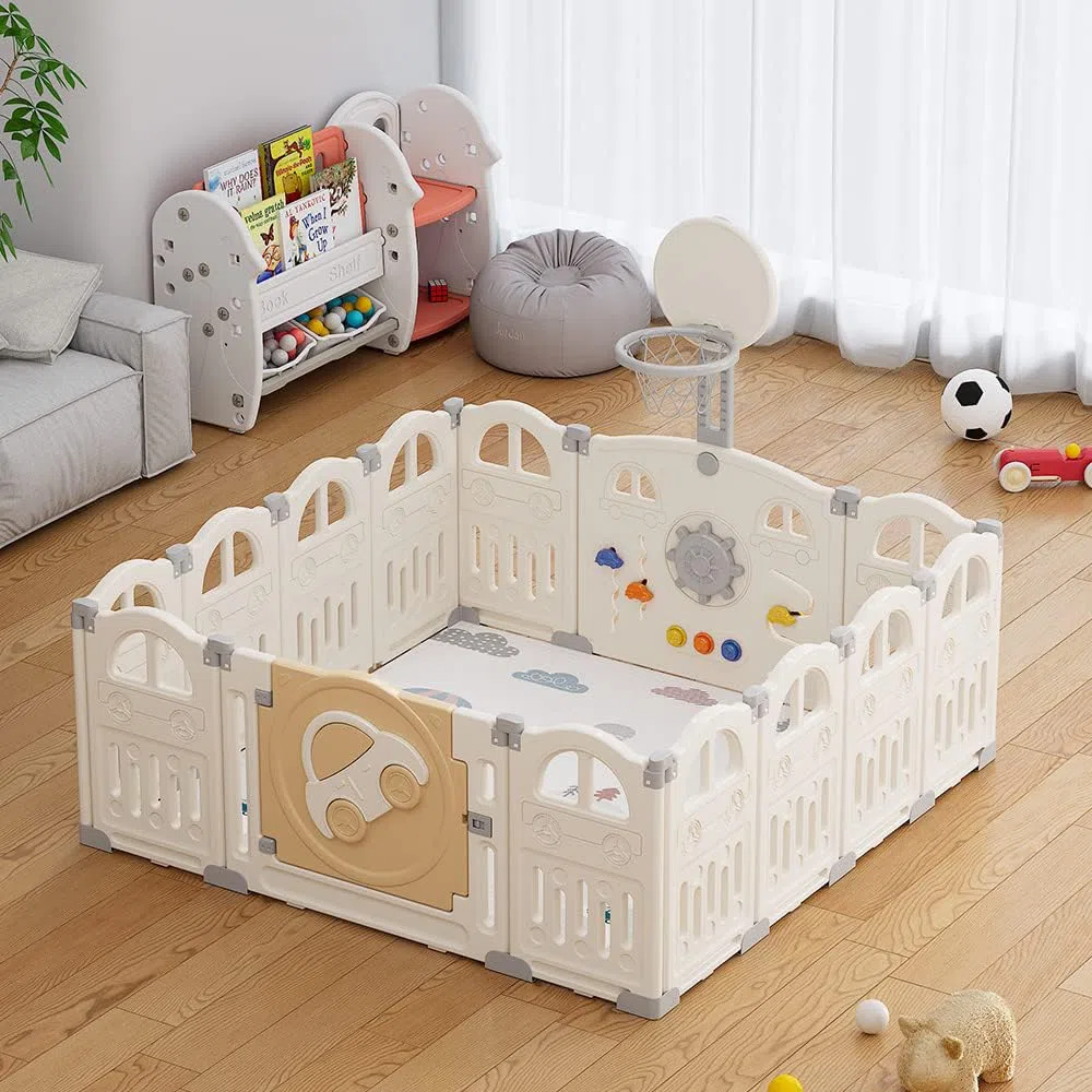 UBRAVOO Parc pour bébé pliable avec mini panier de basket et 50 balles colorées, à thème de voiture pour tout-petits,grand centre d'activités intérieur amusant(14 panneaux,Blanc laiteux)
