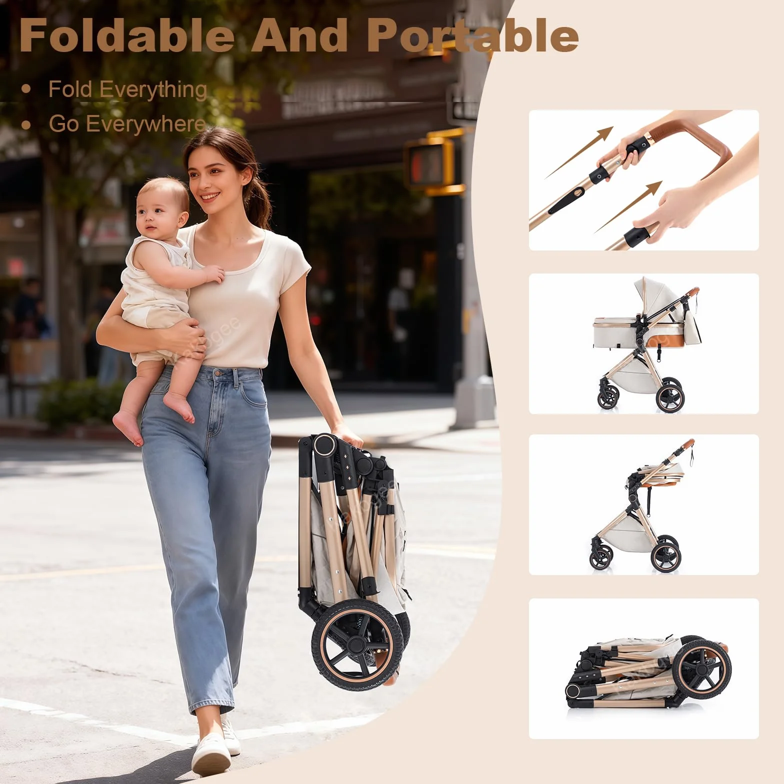 Trio Poussette 3 en 1 avec Siège Auto, Pliable, 7 Positions Poignée, Suspension 4 Roues, Noir