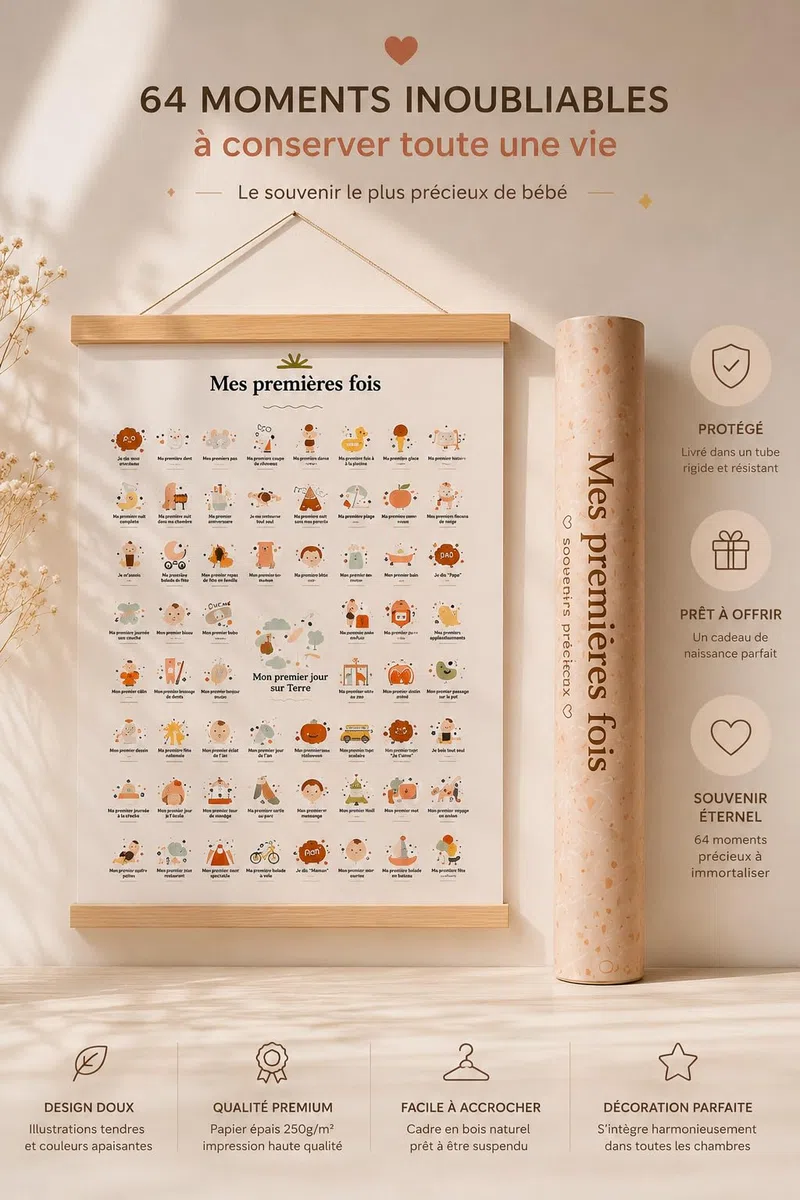 Générique Mes Premières Fois Bébé – Affiche Souvenir A3 avec Baguettes en Bois et Fil de Suspension – Décoration Chambre Bébé Garçon ou Fille – Cadeau Naissance Original