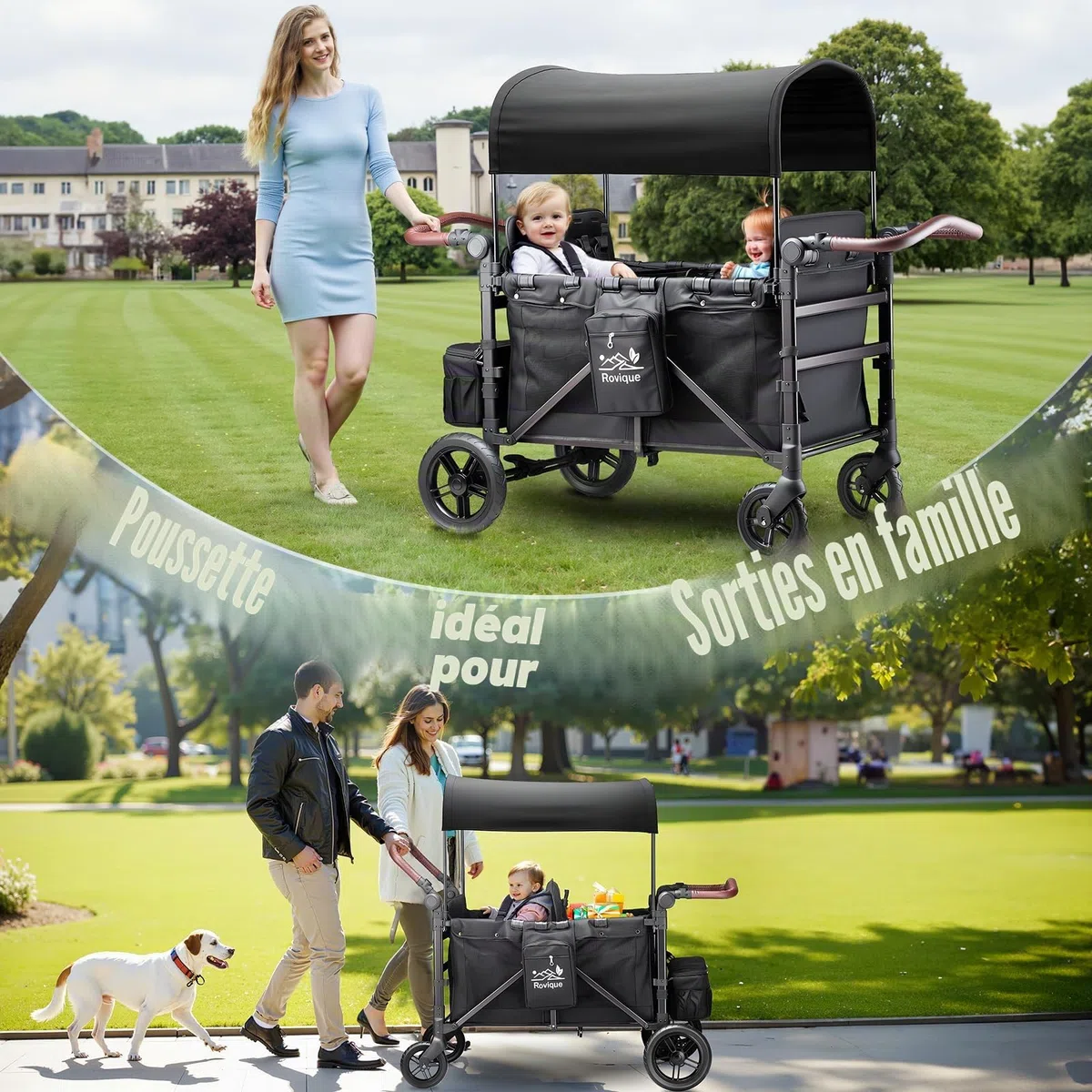 Chariot pliable avec toit pour 4 enfants, avec toit, plateau amovible, harnais à 5 points, poignée réglable, siège haut et grand espace de rangement, noir