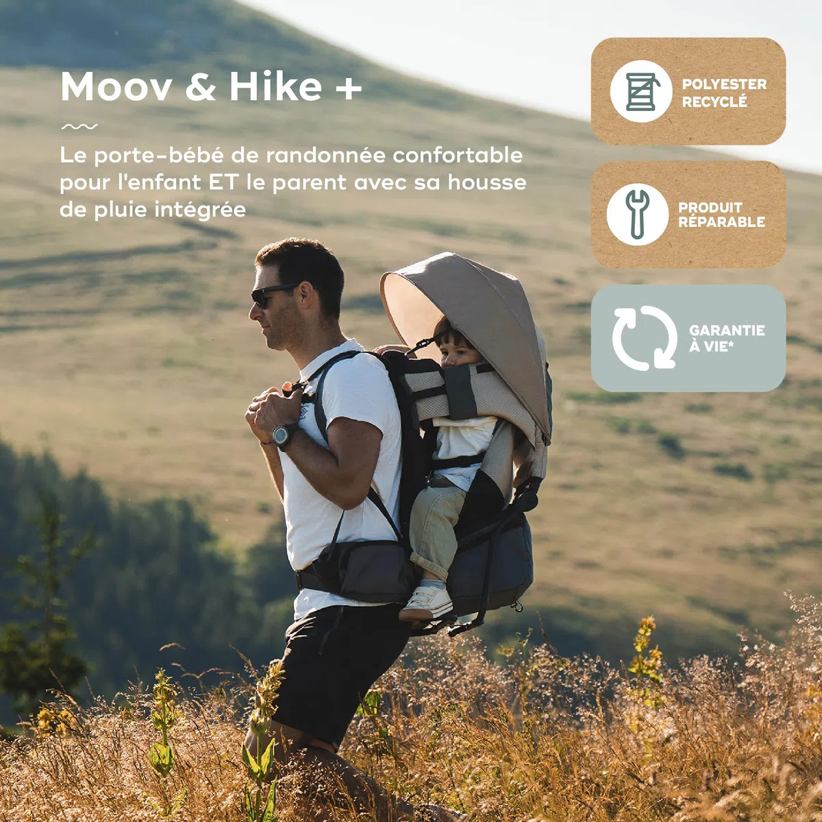 Babymoov Porte-bébé randonnée Moov&Hike + - Sac à Dos Confortable & Réglable - Siège Ajustable - Housse de Pluie, Sac à Langer 10L Inclus - Confort Enfant & Parent - Garanti à Vie