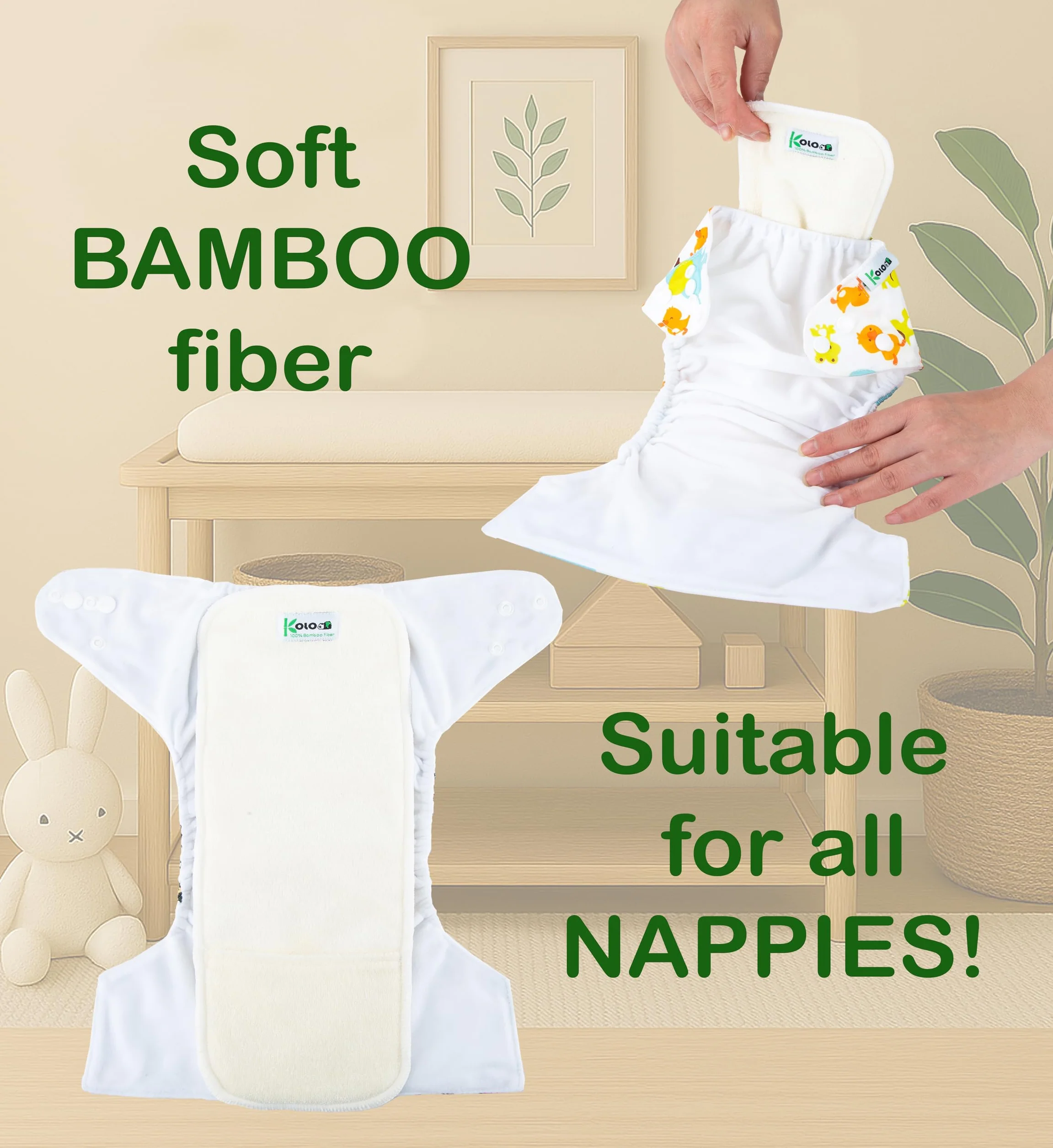 KOLO - Lot de 5 inserts absorbants - 4 couches, 100% bambou lavable et réutilisable. Kit de haute qualité, doublures adaptées à toutes les couches réutilisables. Boîte cadeau incluse