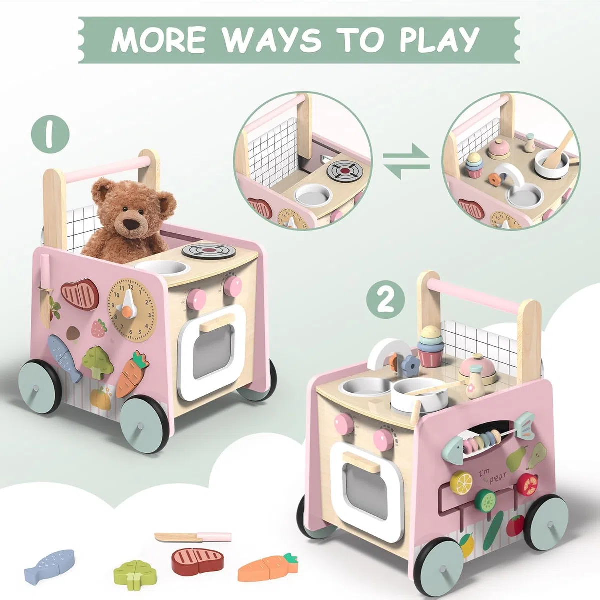 VITONIS Trotteur Bébé en Bois, Chariot de Marche, Jouet Centre d'Activité, Baby Walker pour Enfant