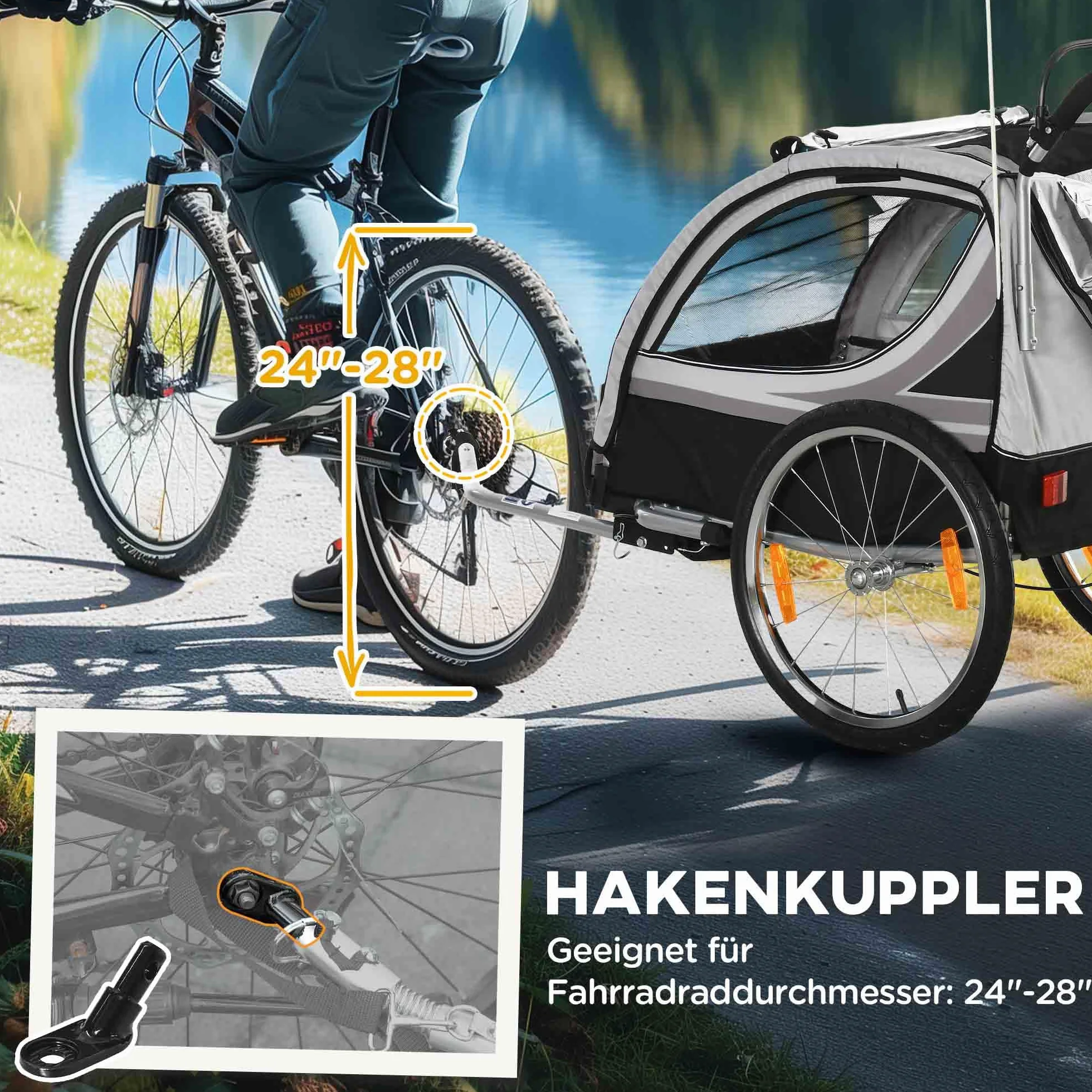 HOMCOM Remorque Enfant Pliable 2 en 1 Vélo Roue Avant Amovible Freins arrière 2 Enfants 18 Mois Charge 26.4 kg Gris