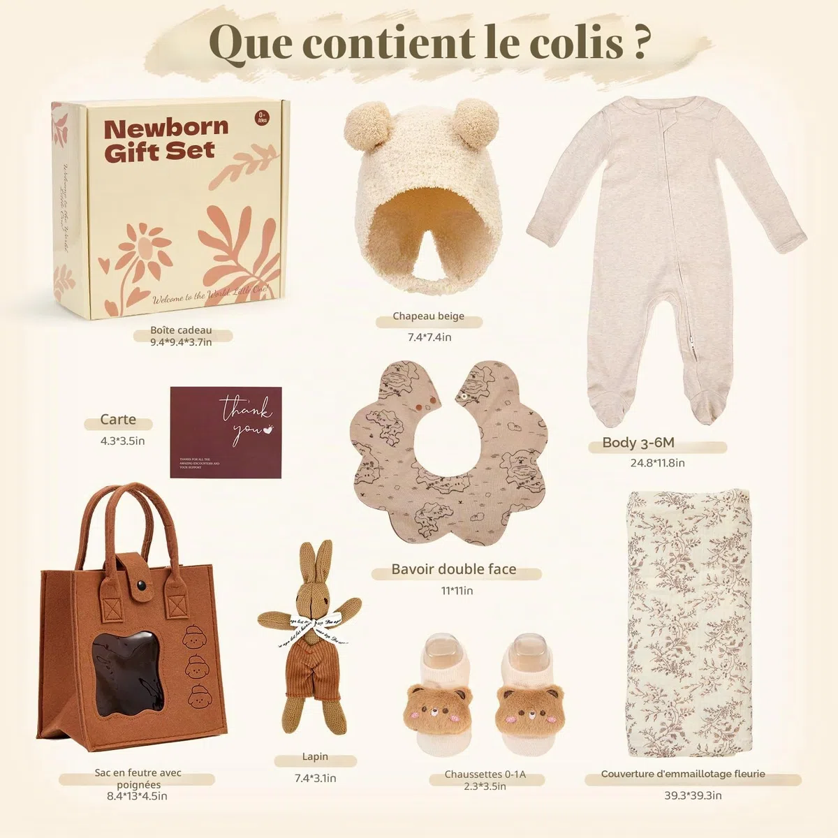TUZT Coffret Cadeaux de Naissance Garcon Fille Cadeau ave Barboteuse Couverture Doudou Bavoir Chaussettes Bonnet Cartes Sac à Main en Feutrine, Cadeau pour Baby Shower Bebe Nouveau Né Coffret