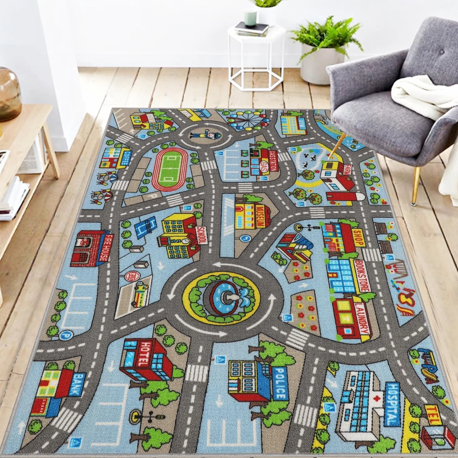 Capslpad Tapis de voiture pour enfants - 100 x 160 cm - Antidérapant - Plan de ville - Tapis de jeu interactif - Lavable - Créatif - Tapis de jeu éducatif pour enfants et adolescents - Décoration de