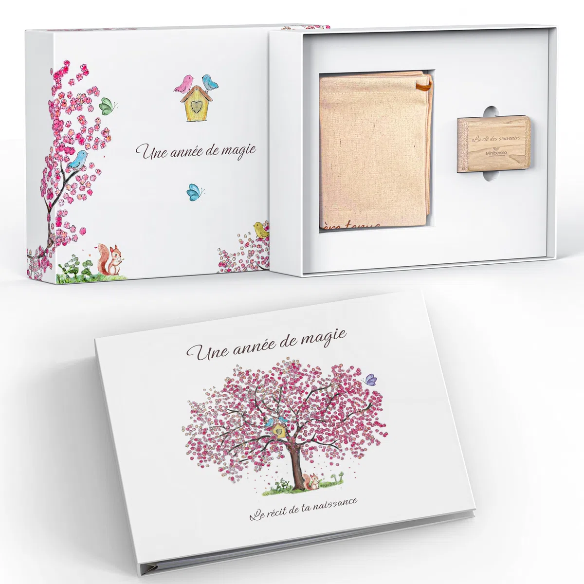 Livre de naissance bébé avec Clé Usb pour les souvenirs numérique et Pochon pour la 1ère tenue- Album Photo Bebe 116 pages pour coller vos photos et écrire - Idéal Cadeau naissance fille et garçon